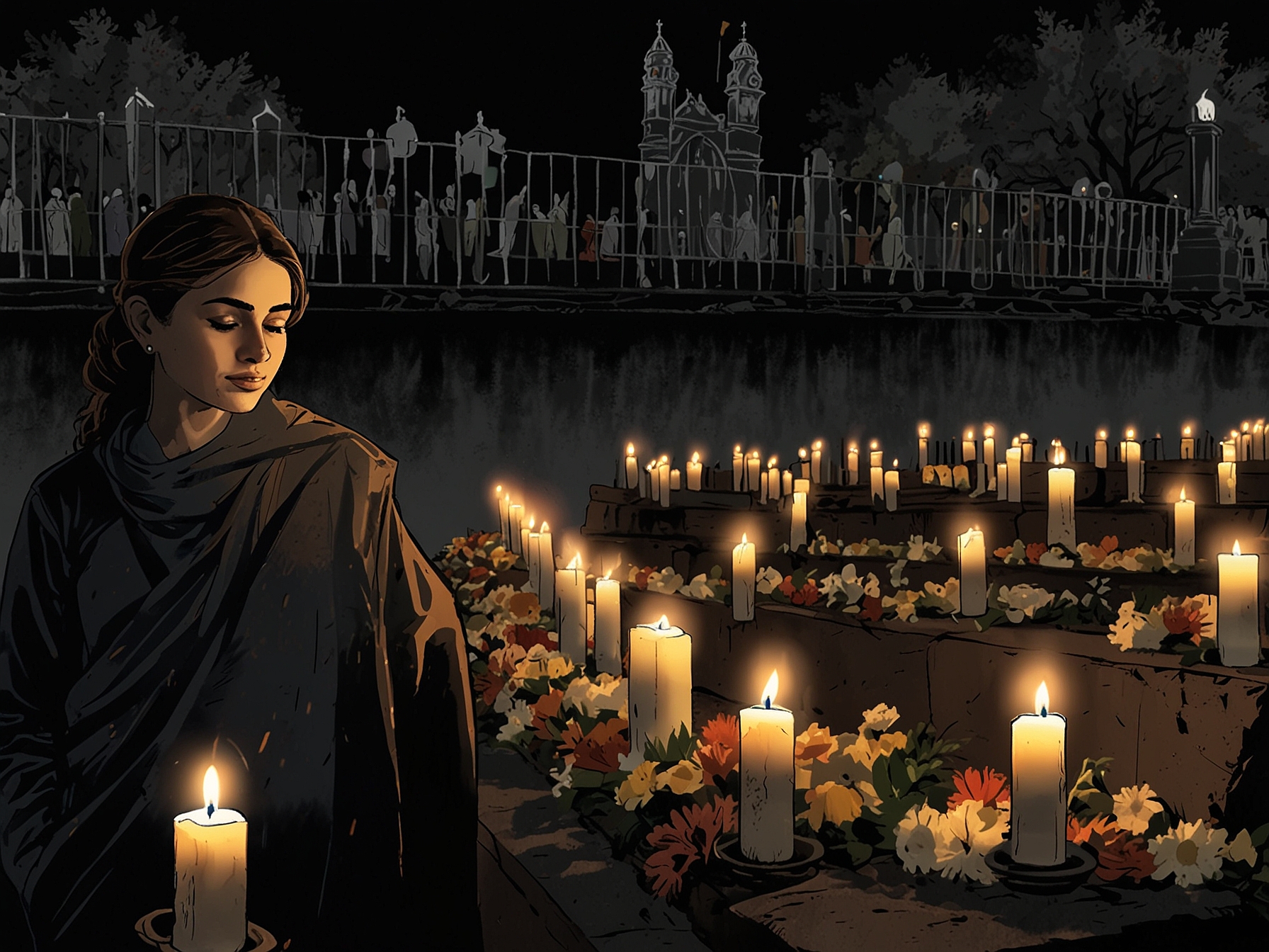A somber memorial scene honoring the victims of the 26/11 Mumbai attacks, featuring candles and flowers laid at a commemorative site, capturing the grief and unity of the community.
