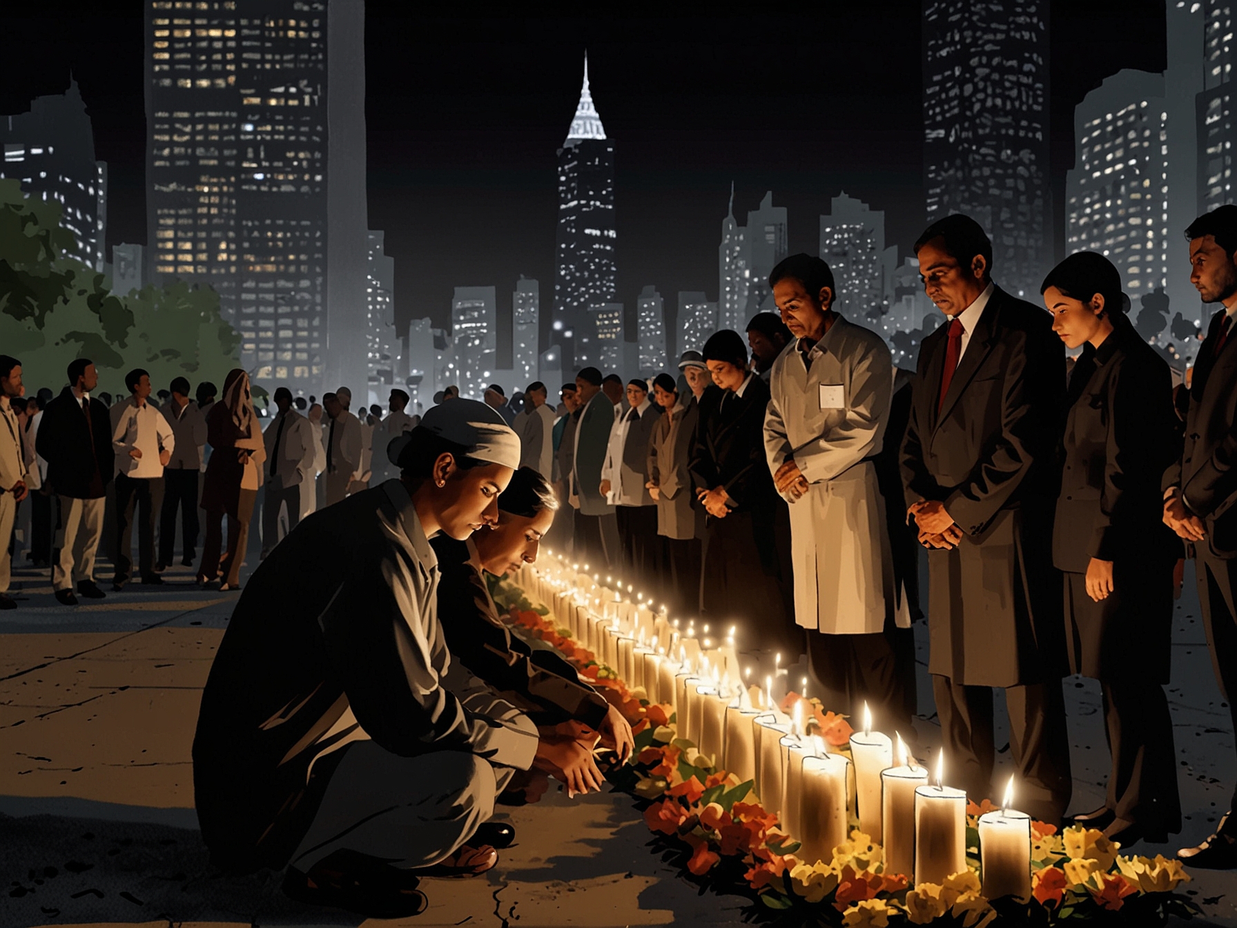 Vigil attendees holding photos of the victims of the 26/11 attacks, symbolizing personal loss and collective memory, with expressions of reflection and solidarity.