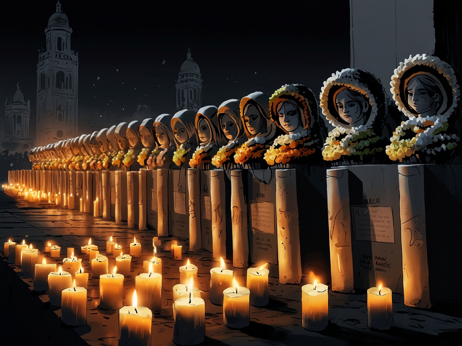 An inspiring image of a diverse group of people coming together at a memorial site, symbolizing hope, resilience, and the commitment to fight against terrorism in a colorful, peaceful atmosphere.