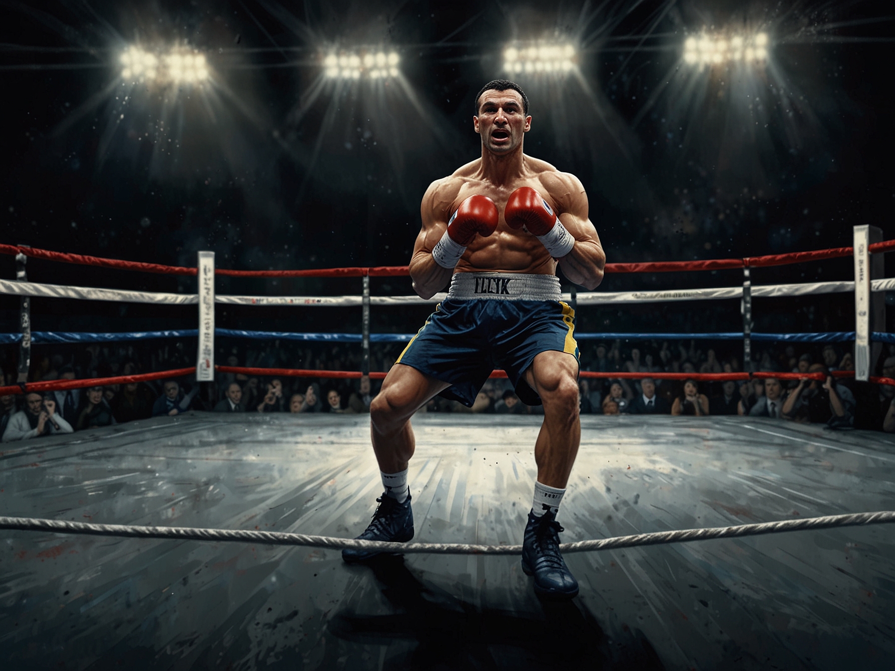 A tense moment captured in a boxing ring with Wladimir Klitschko preparing for a match, emphasizing his stance on misinformation and public discourse surrounding Ukraine.