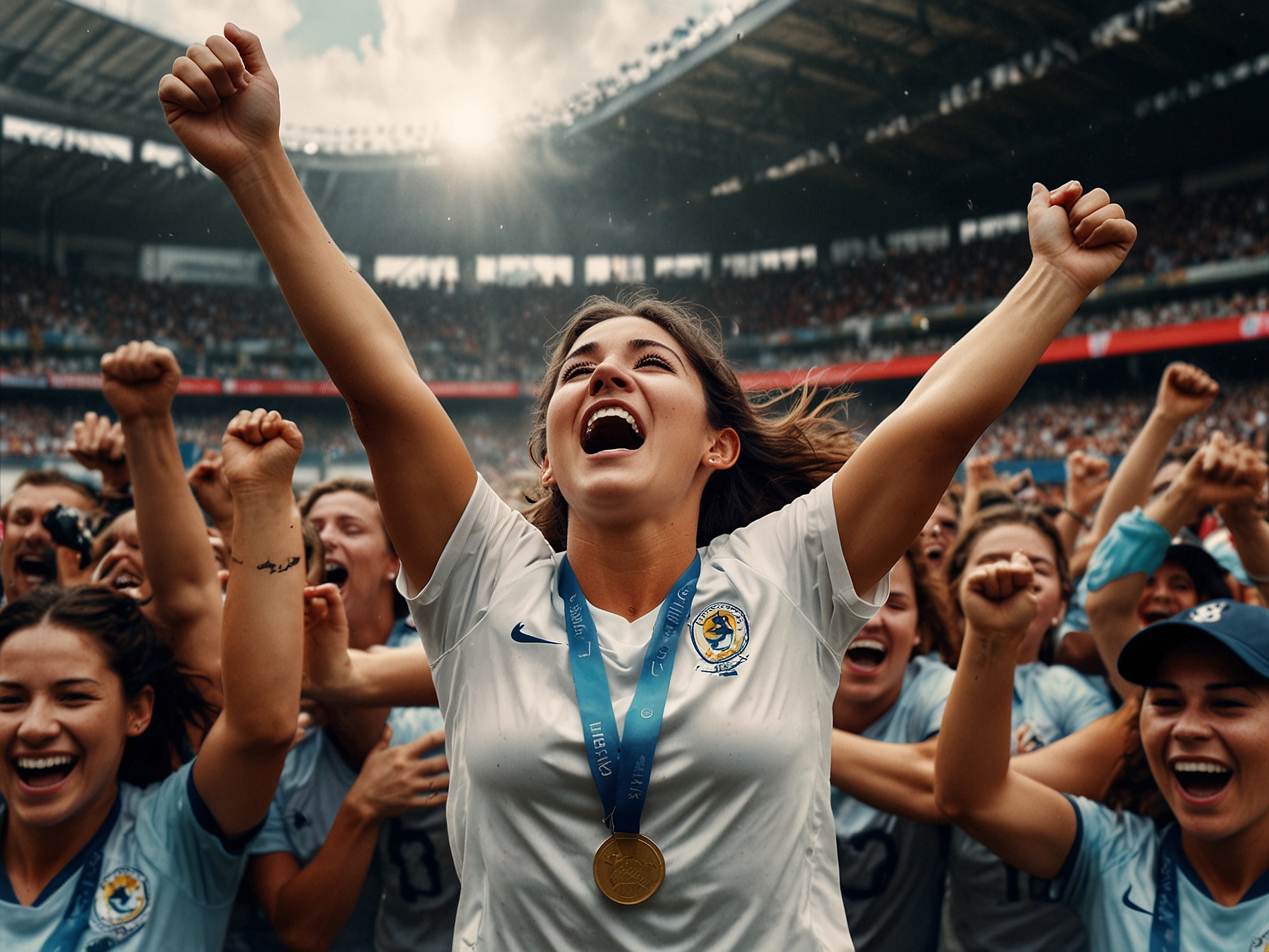 Katty Martínez celebrating on the field after winning a championship, surrounded by cheering fans and teammates, embodying the spirit of women's football.