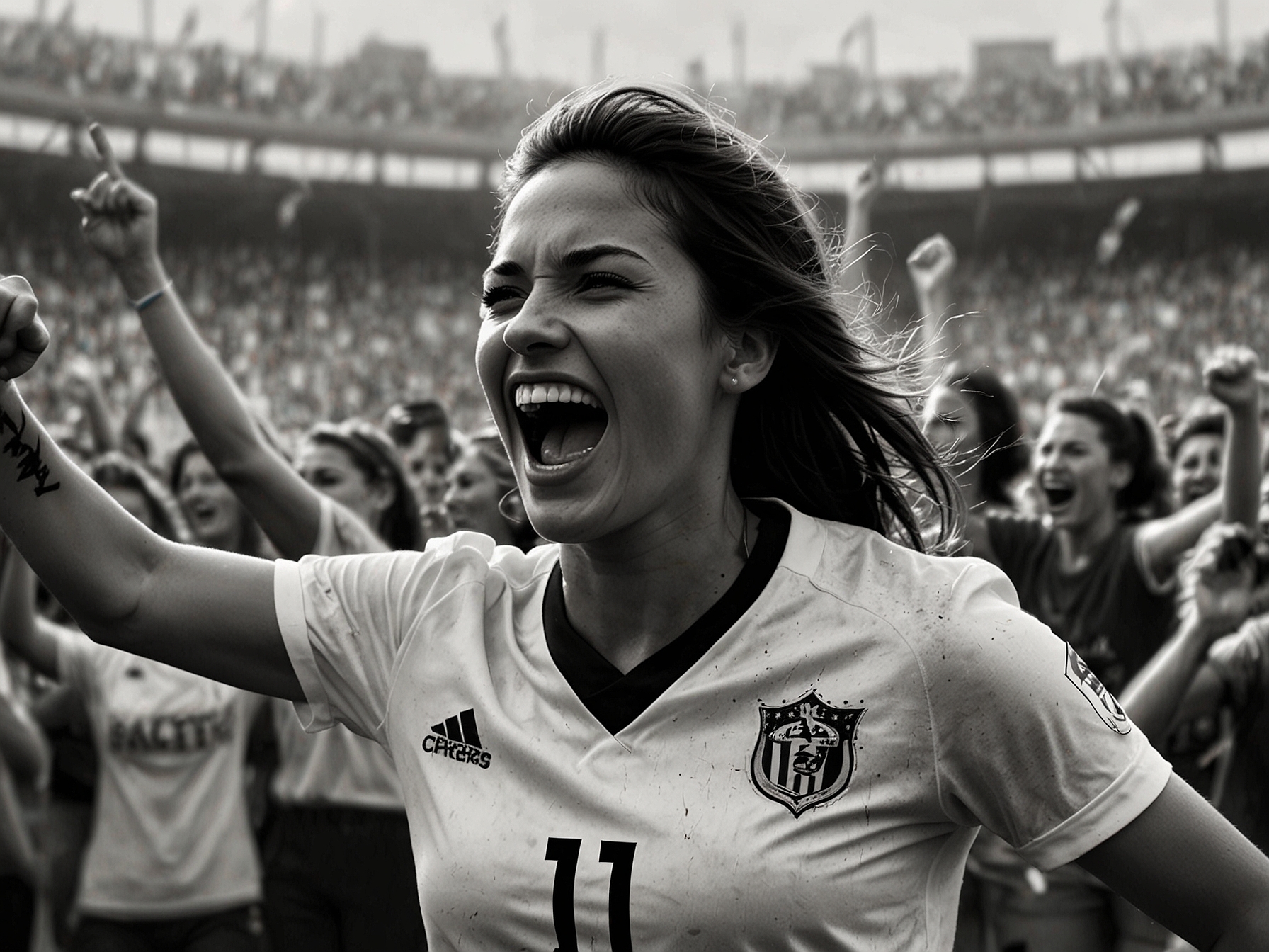 A dynamic shot of Katty Martínez dribbling the ball during a match, showcasing her skill and determination, as she aims to score another goal.