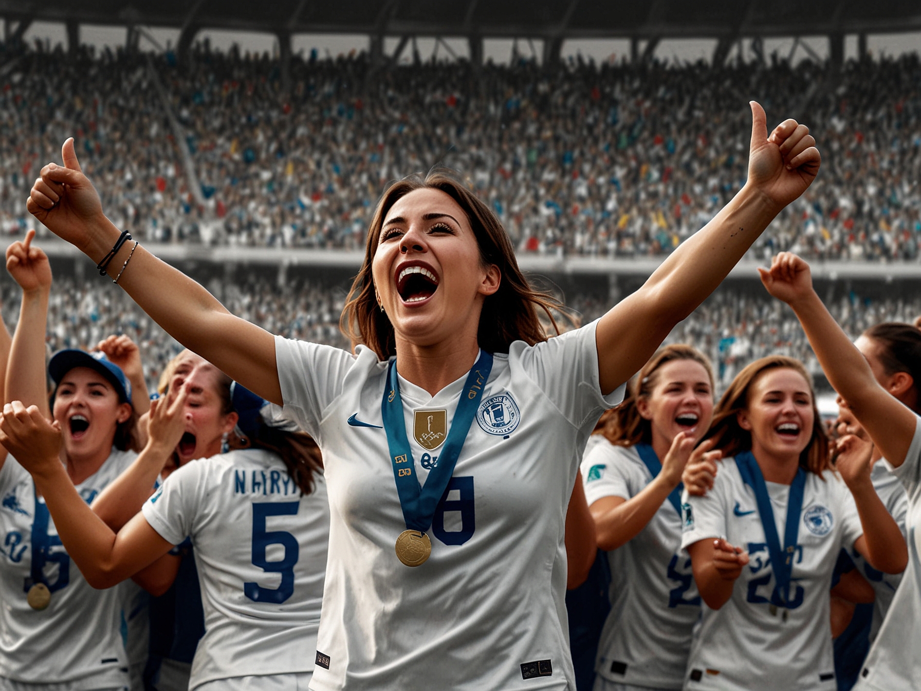 An emotional moment of Katty Martínez holding her championship trophy high, capturing the joy and pride of her achievements in Liga MX Femenil.