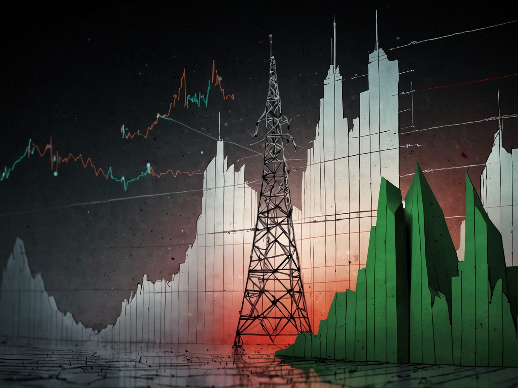 An upward trending stock chart symbolizing the surge in telecom stocks, with the Vodafone Idea and MTNL logos prominently displayed in the foreground, representing the market's positive response to the government decision.
