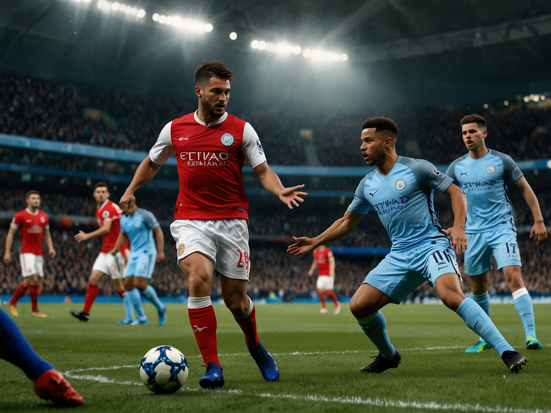 An intense match scene at the Etihad Stadium featuring Manchester City players in their blue kit battling against Feyenoord players in red and white uniforms, showcasing the high stakes of their Champions League encounter.