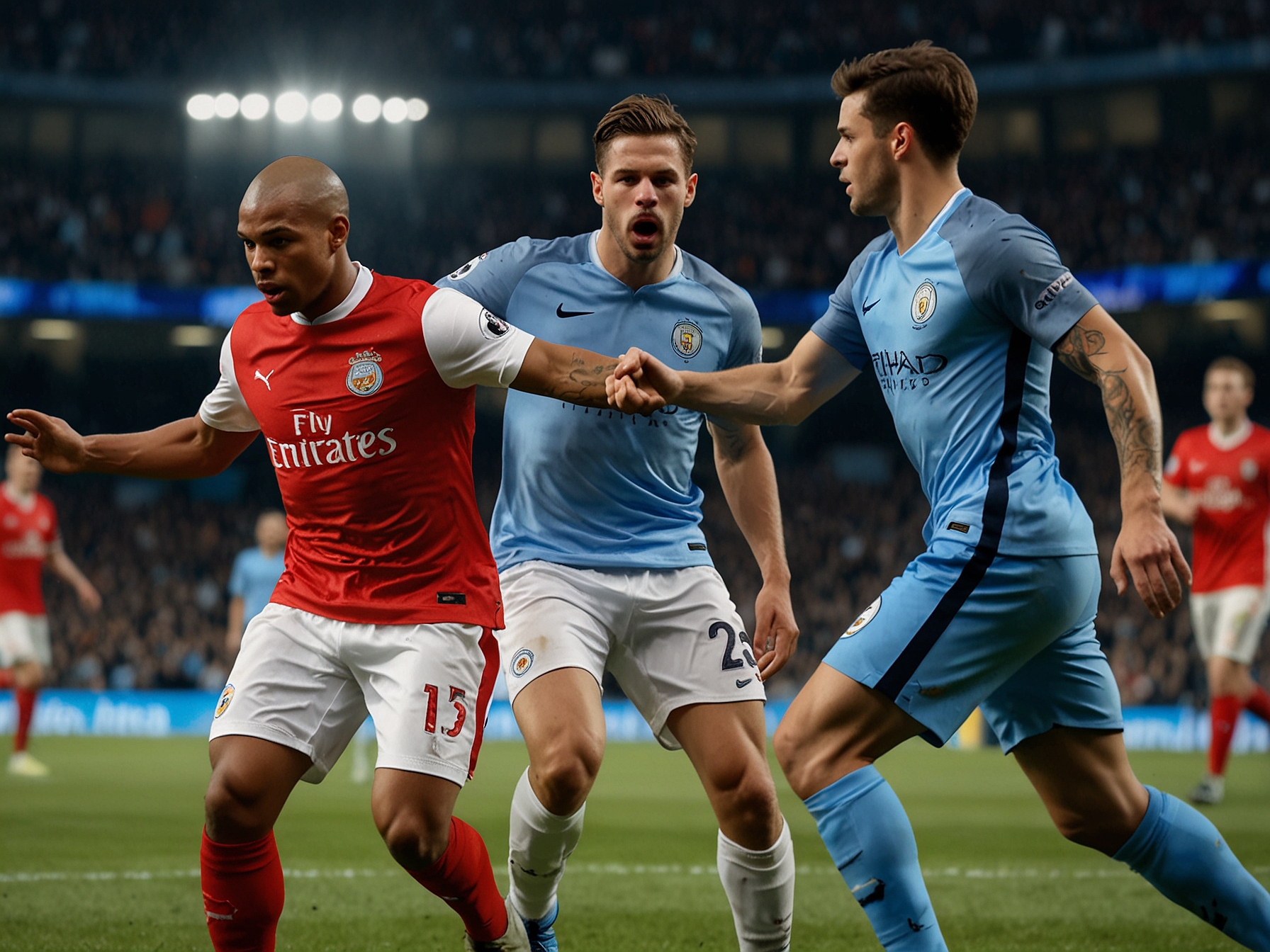 Pep Guardiola animated on the sidelines, passionately directing his team during a tense moment of the game, illustrating his determination to turn the team's fortunes around amidst their struggles.