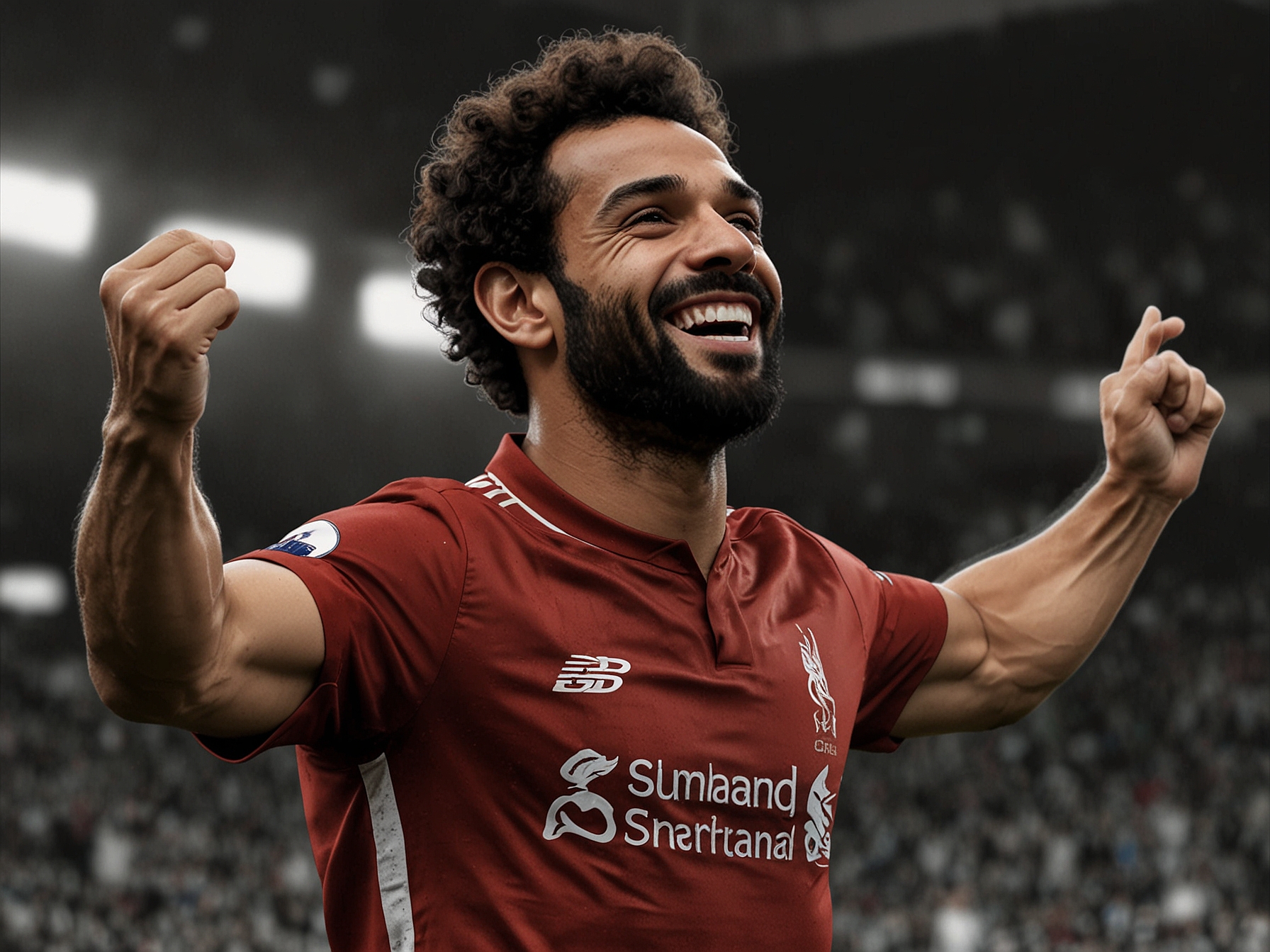 A close-up of Mohamed Salah celebrating after scoring a goal, showcasing his determination and connection to Liverpool FC amidst ongoing contract speculation.
