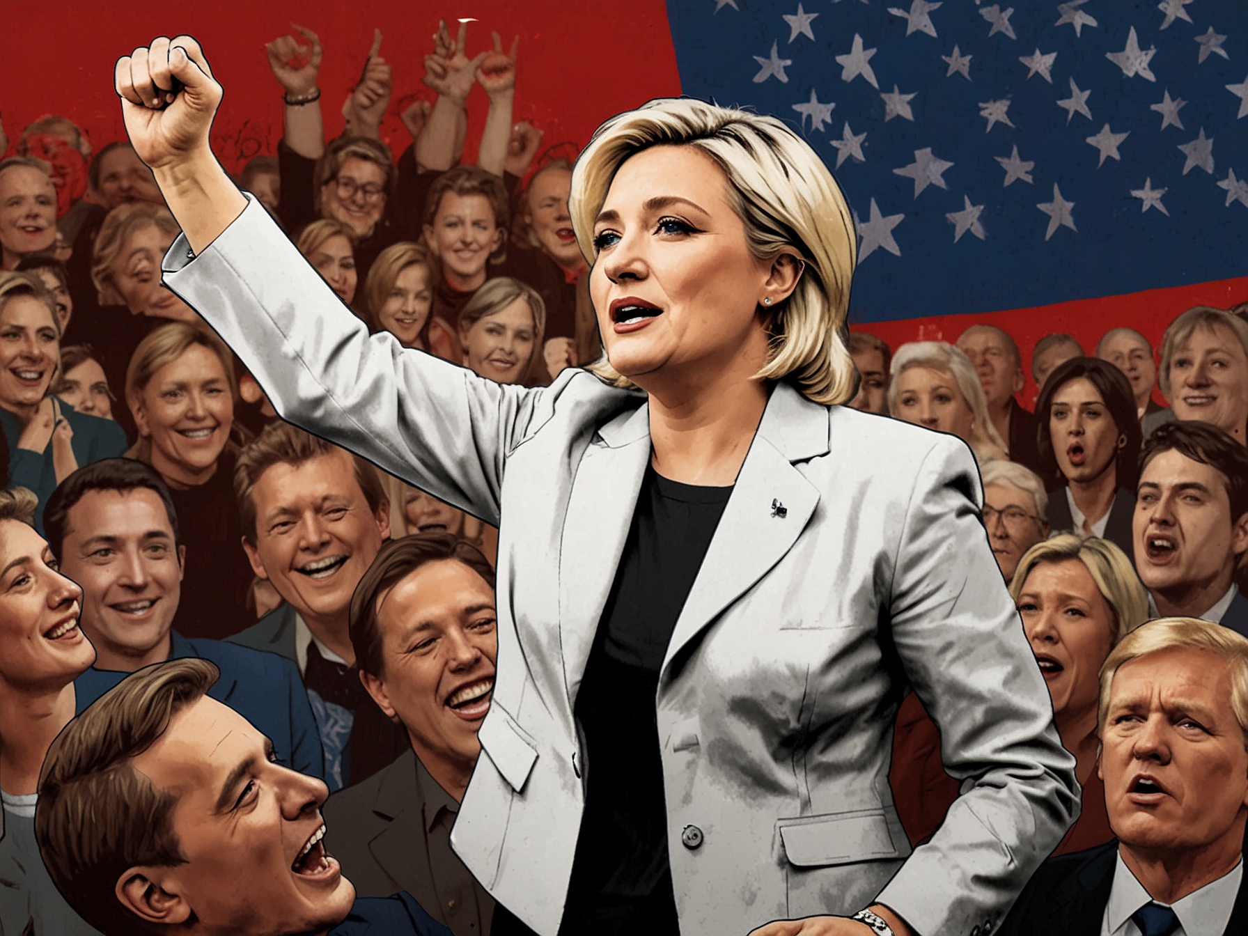 An illustration featuring Marine Le Pen and Donald Trump on a political stage, surrounded by supporters holding signs that express a feeling of persecution and a fight against the establishment.
