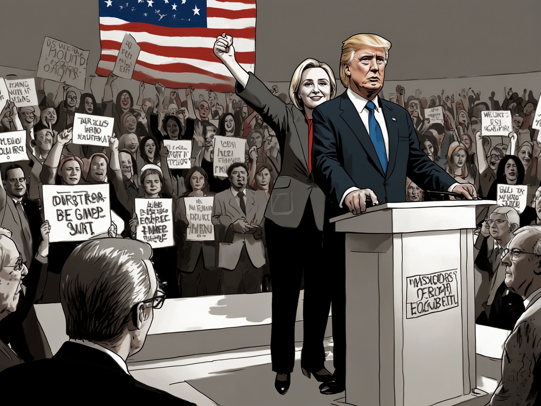A symbolic depiction of a courtroom where Marine Le Pen and Donald Trump are portrayed as defendants facing an unseen 'deep state', emphasizing their victim narratives.