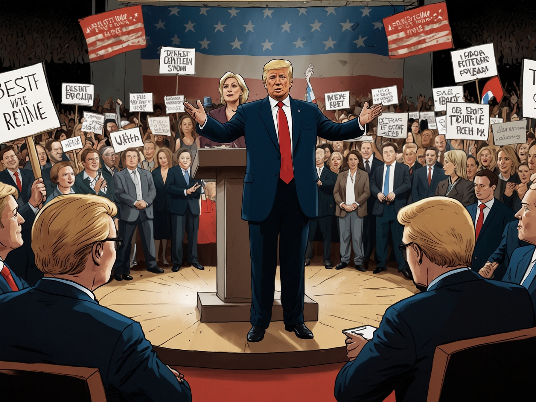 A visual metaphor showing a divide between a large elite figure and smaller individuals representing the common people, highlighting the theme of alienation in political discourse.
