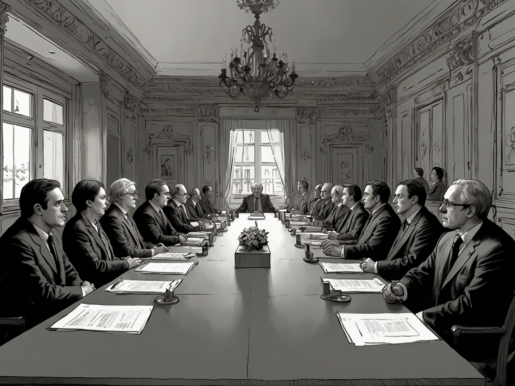 A tense political meeting in a Parisian conference room, where members of the Socialist Party and La France Insoumise are visibly divided over a controversial proposal, reflecting deep political tensions.
