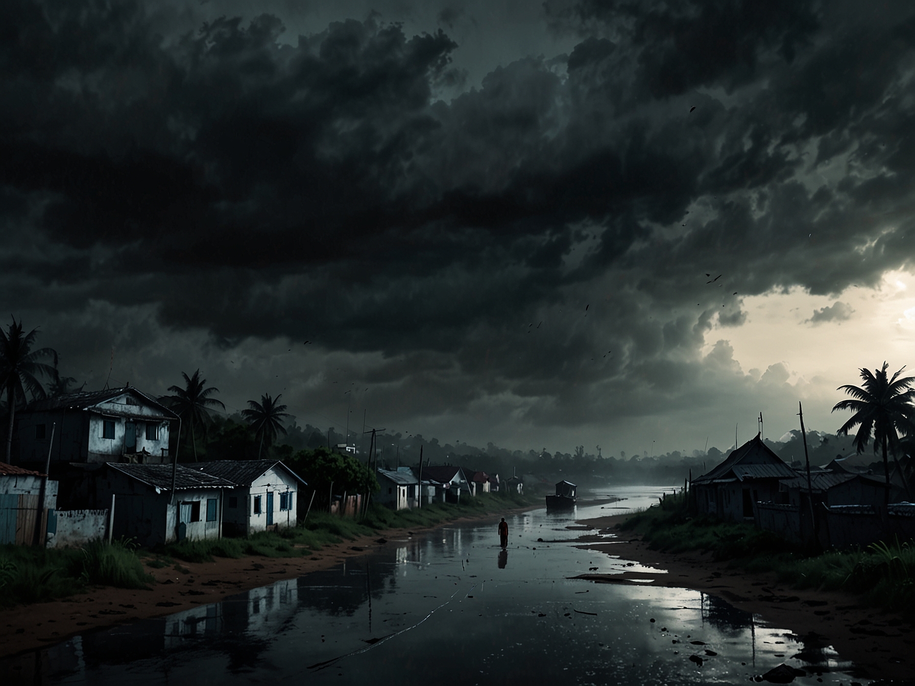A dark, ominous sky filled with heavy rain clouds looms over a coastal village in Andhra Pradesh, as locals prepare for the approaching cyclone.