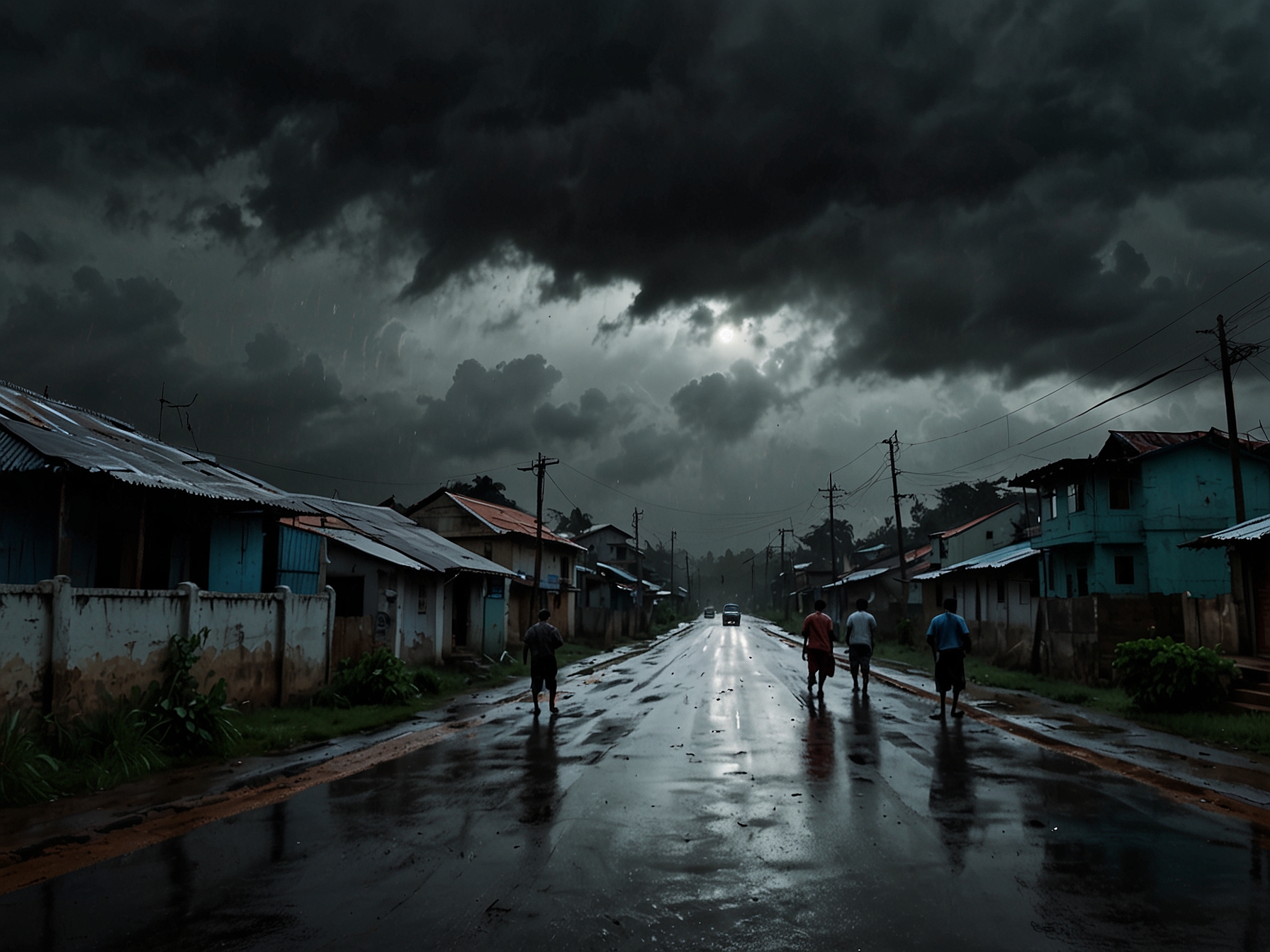 Evacuating families gather essential supplies as storm clouds gather, demonstrating community resilience in the face of nature's fury.