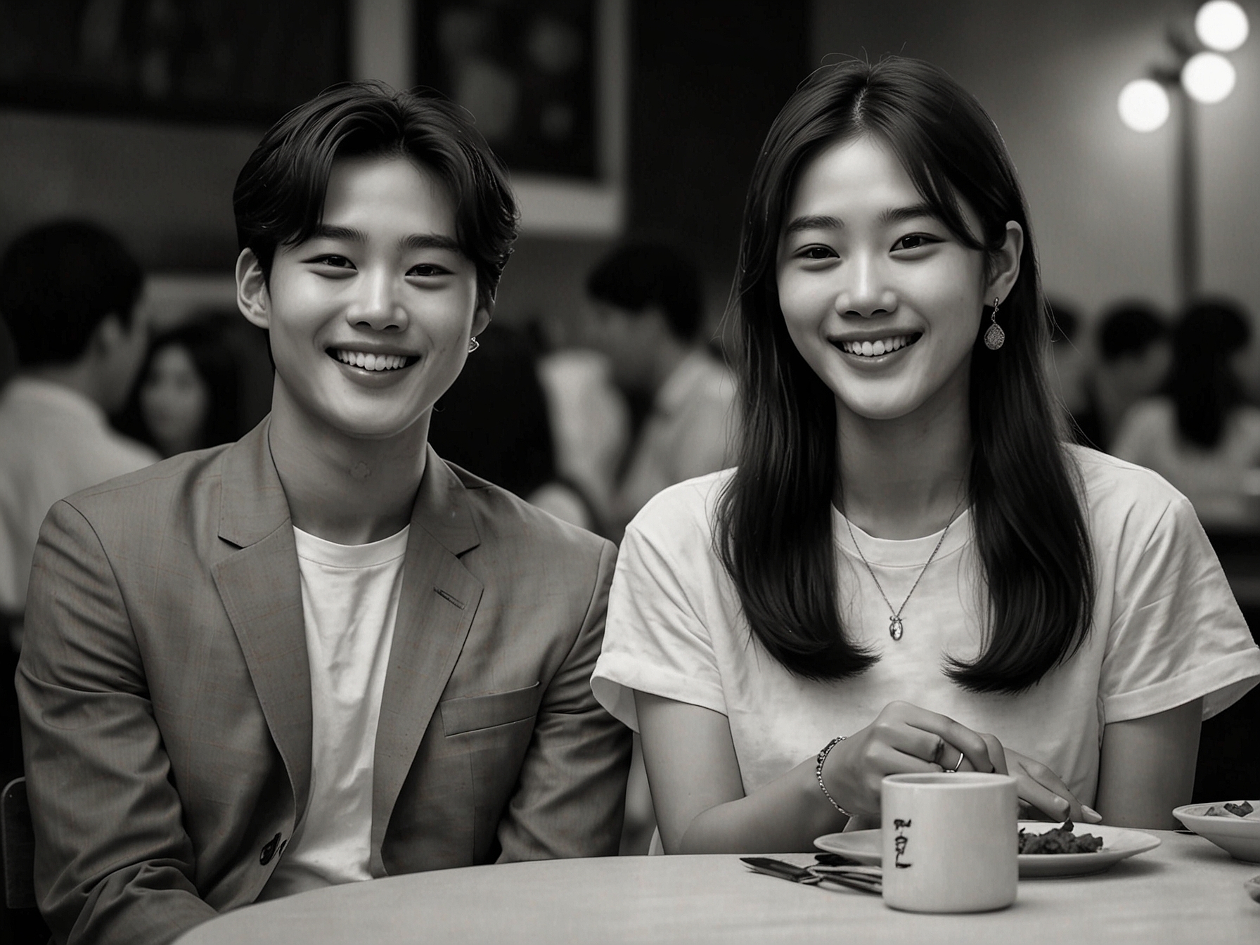 A candid photo of Jung Ho Yeon and Lee Dong Hwi smiling together at a public event, showcasing their supportiveness as a couple before their breakup.