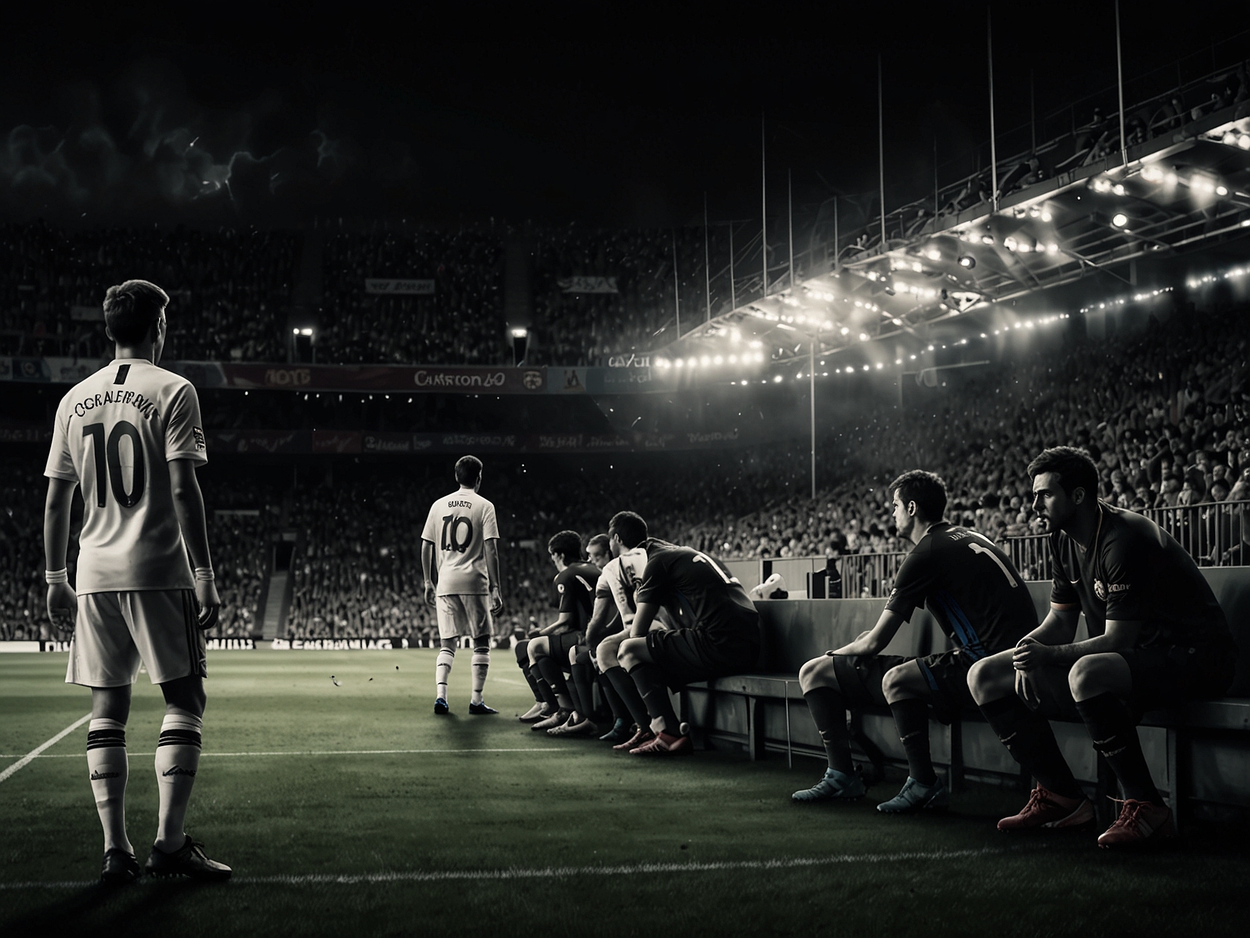 A tense moment during a Barcelona match, showcasing players in action with the scoreboard reflecting a recent draw, symbolizing their current struggles and need for improvement.