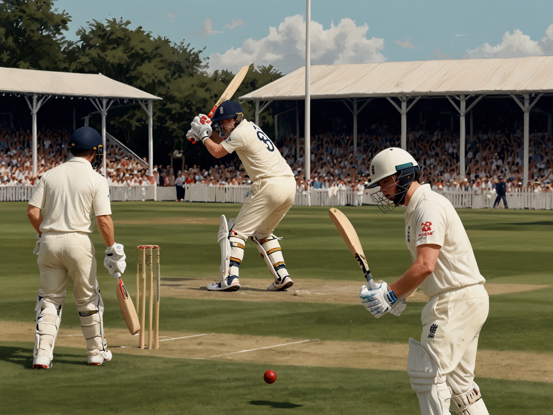 An action shot of Jacob Bethell batting on the field, wearing England cricket gear amidst a vibrant crowd, illustrating the tension and excitement of his Test debut.