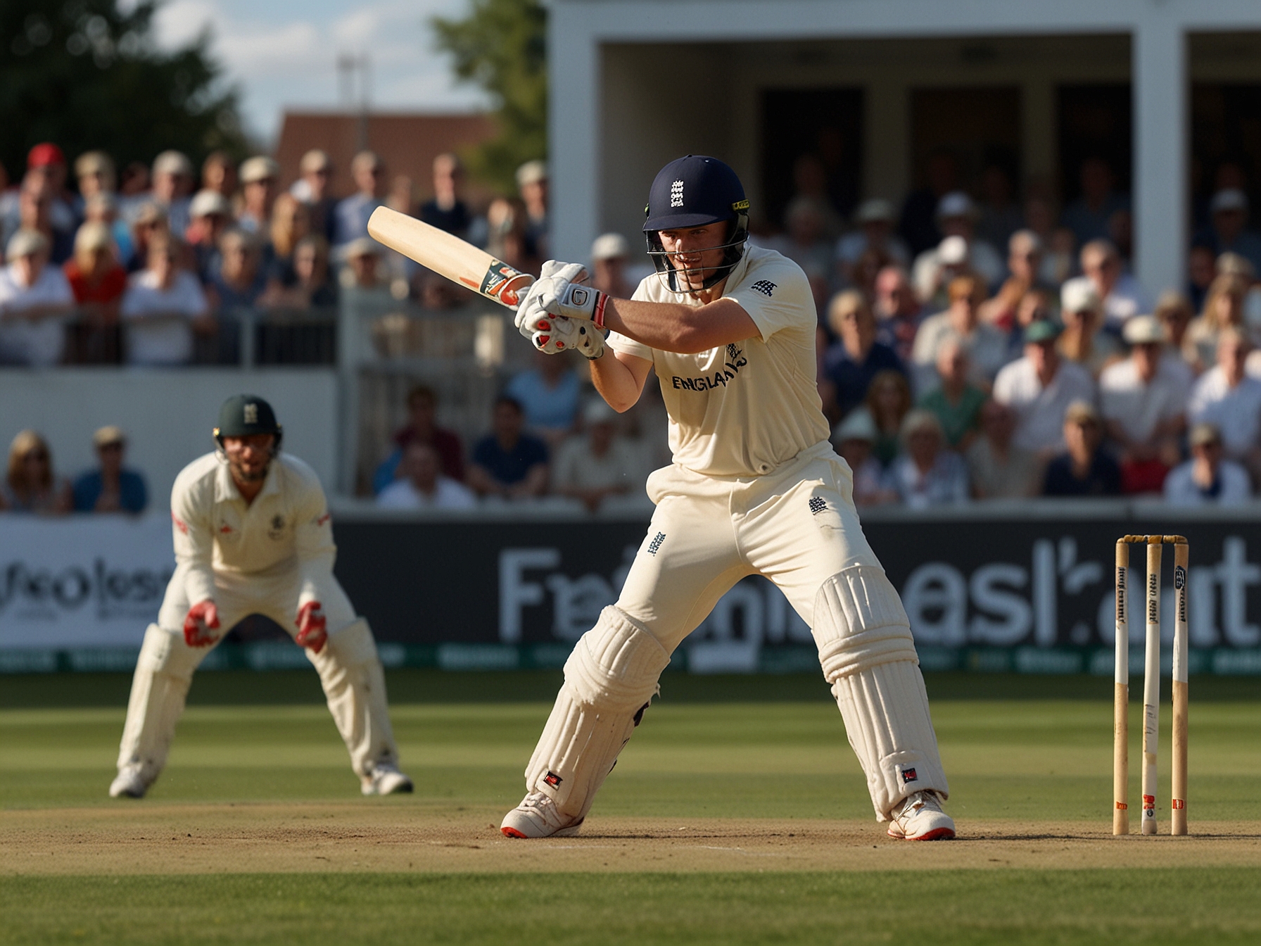 Portrait of Jacob Bethell with a bat, looking determined and focused, representing the spirit of youth and ambition in cricket as he faces the challenge of his debut.