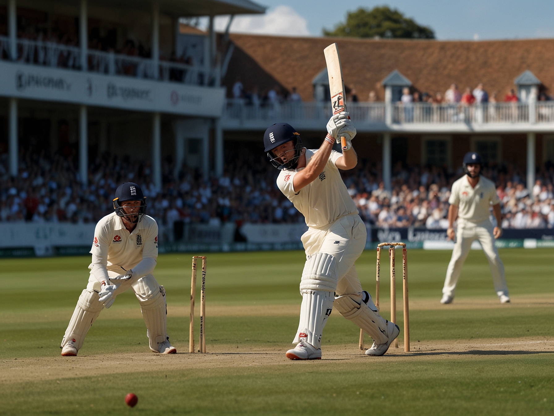 A cricket field with England and New Zealand players in the background, showcasing the atmosphere of competition as Jacob Bethell prepares to make his mark in Test cricket.