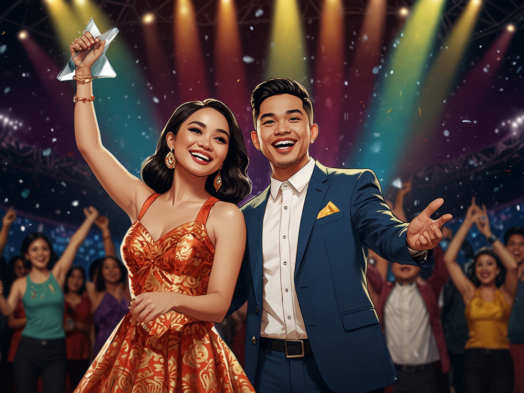 Lesti Kejora and Rizky Billar celebrating their achievements at the Dangdut Awards 2024, surrounded by awards and a vibrant atmosphere, symbolizing their collaborative success.