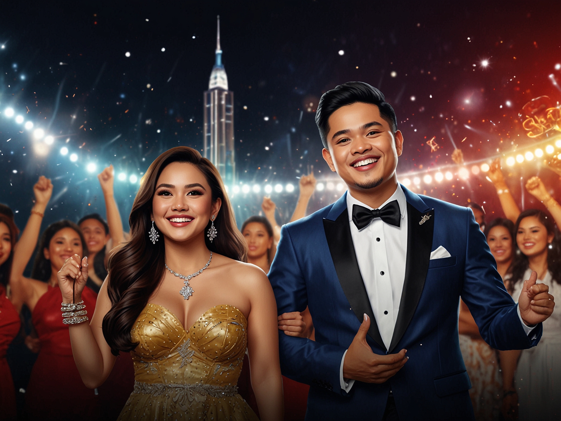 A stage view of Lesti and Rizky performing 'Angin' together, highlighting their chemistry as a couple and their artistic collaboration in the Dangdut music landscape.