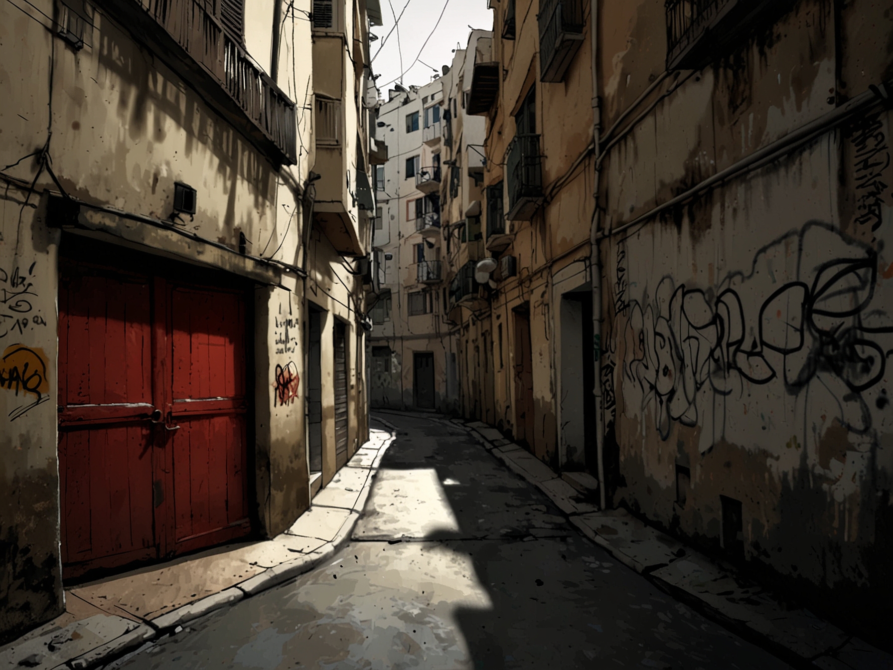 A dimly lit alley in Algiers, symbolizing the shadows and dangers faced by dissenting writers like Boualem Sansal. Graffiti depicting freedom and resistance adorns the walls, juxtaposed against a bleak political backdrop.