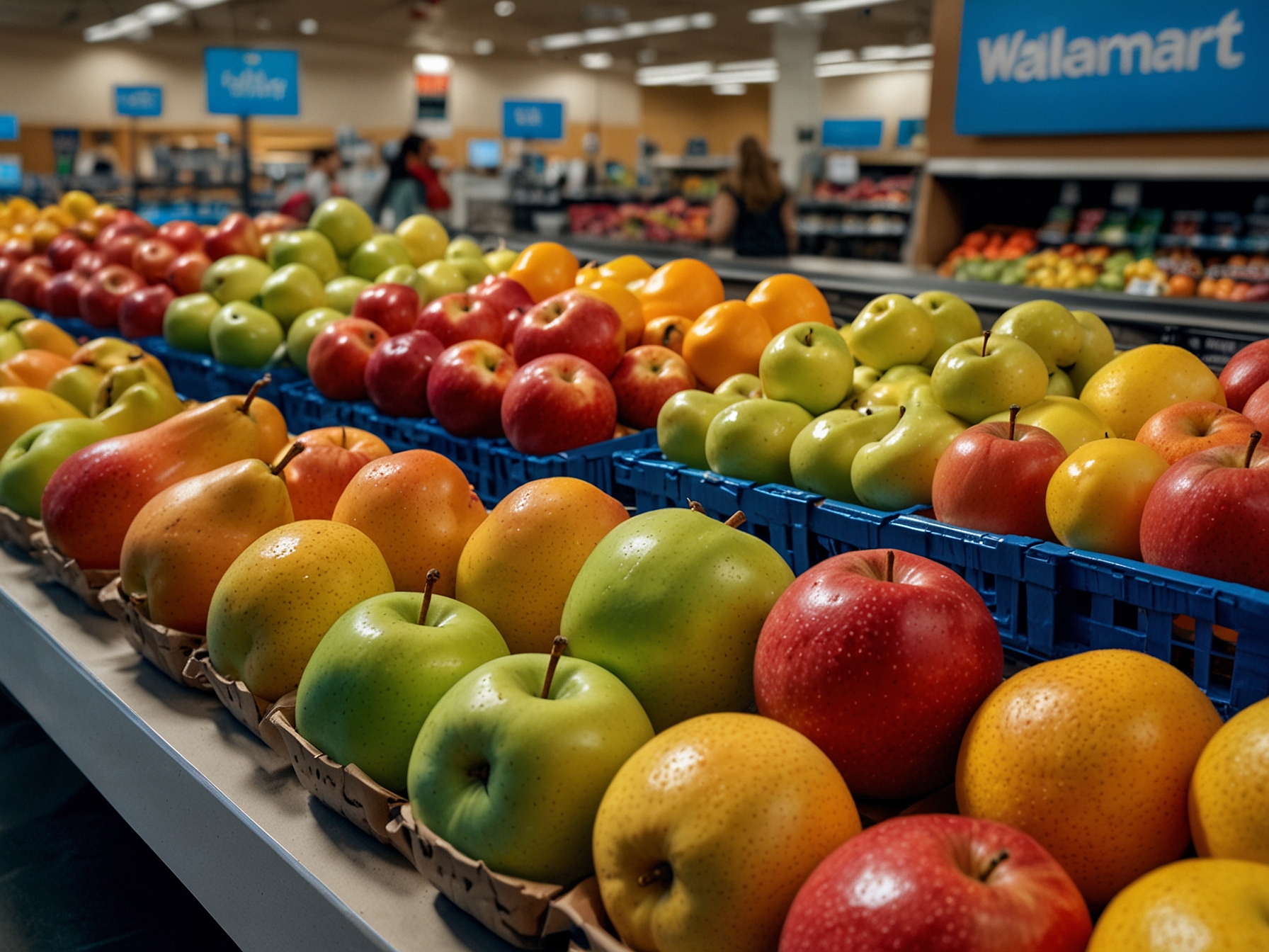 A vibrant display of seasonal fruits like apples and pears at Walmart, showcasing the freshness and quality available during Fresh Tuesday Deals. Bright colors attract shoppers, emphasizing the value of healthful eating.