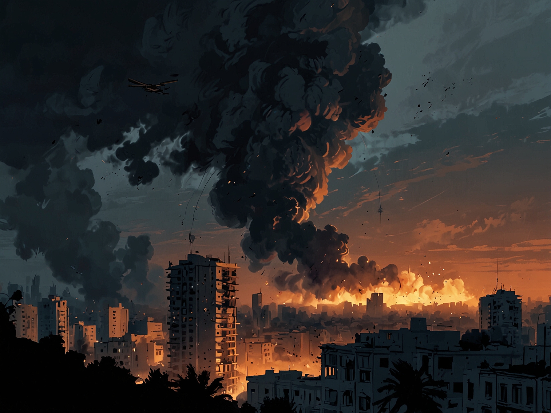 A dramatic scene of smoke rising into the evening sky over Beirut, with destruction visible among commercial and residential buildings following the airstrikes.