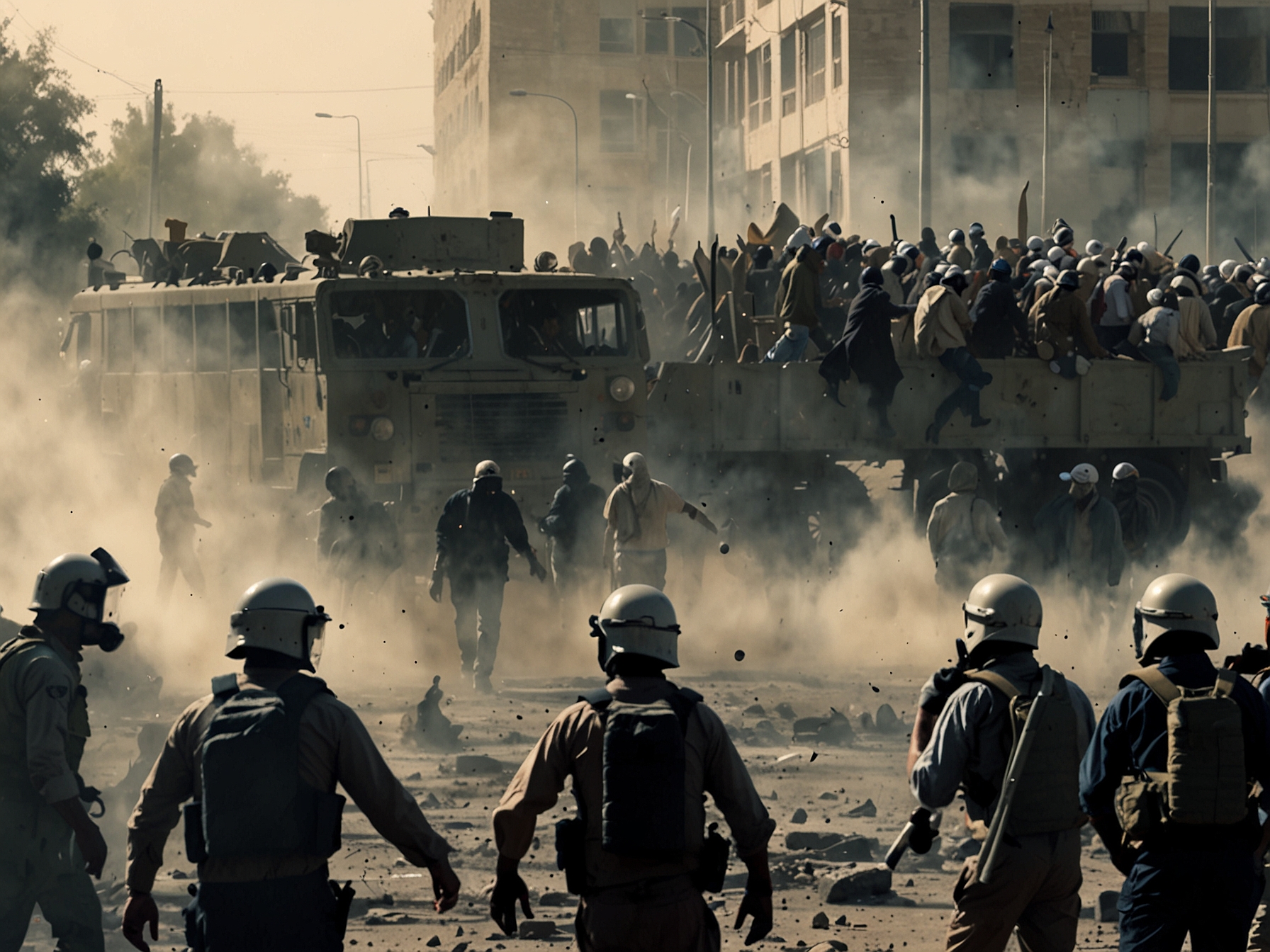 A tense scene in Islamabad showing protesters clashing with police, some wearing gas masks and goggles, amidst tear gas and heavy machinery being used to remove barriers. The chaos captures the struggle for political expression.