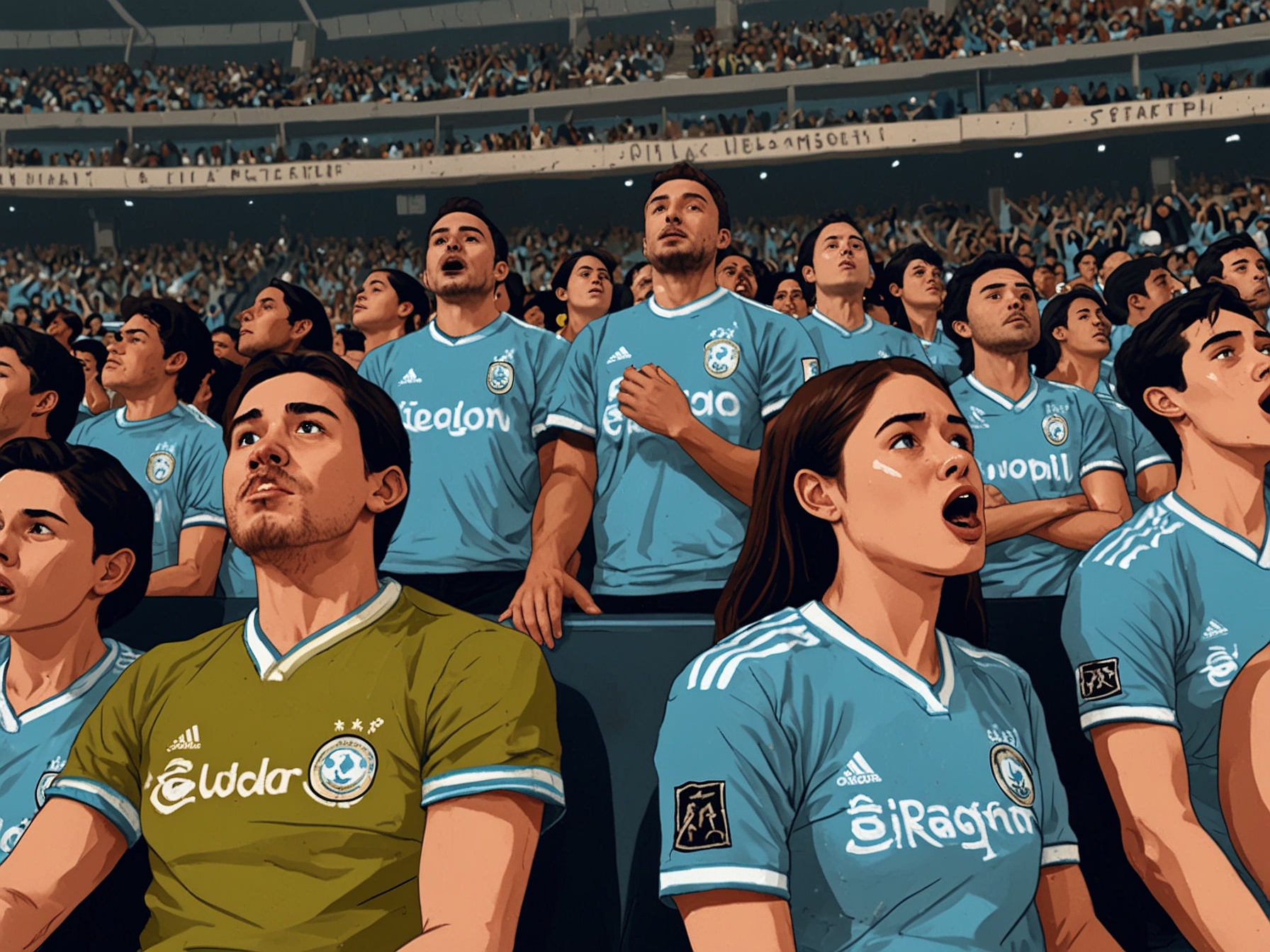 A packed stadium with fans in Belgrano jerseys, their expressions filled with disappointment and frustration as they witness their team's lackluster performance during a crucial match.
