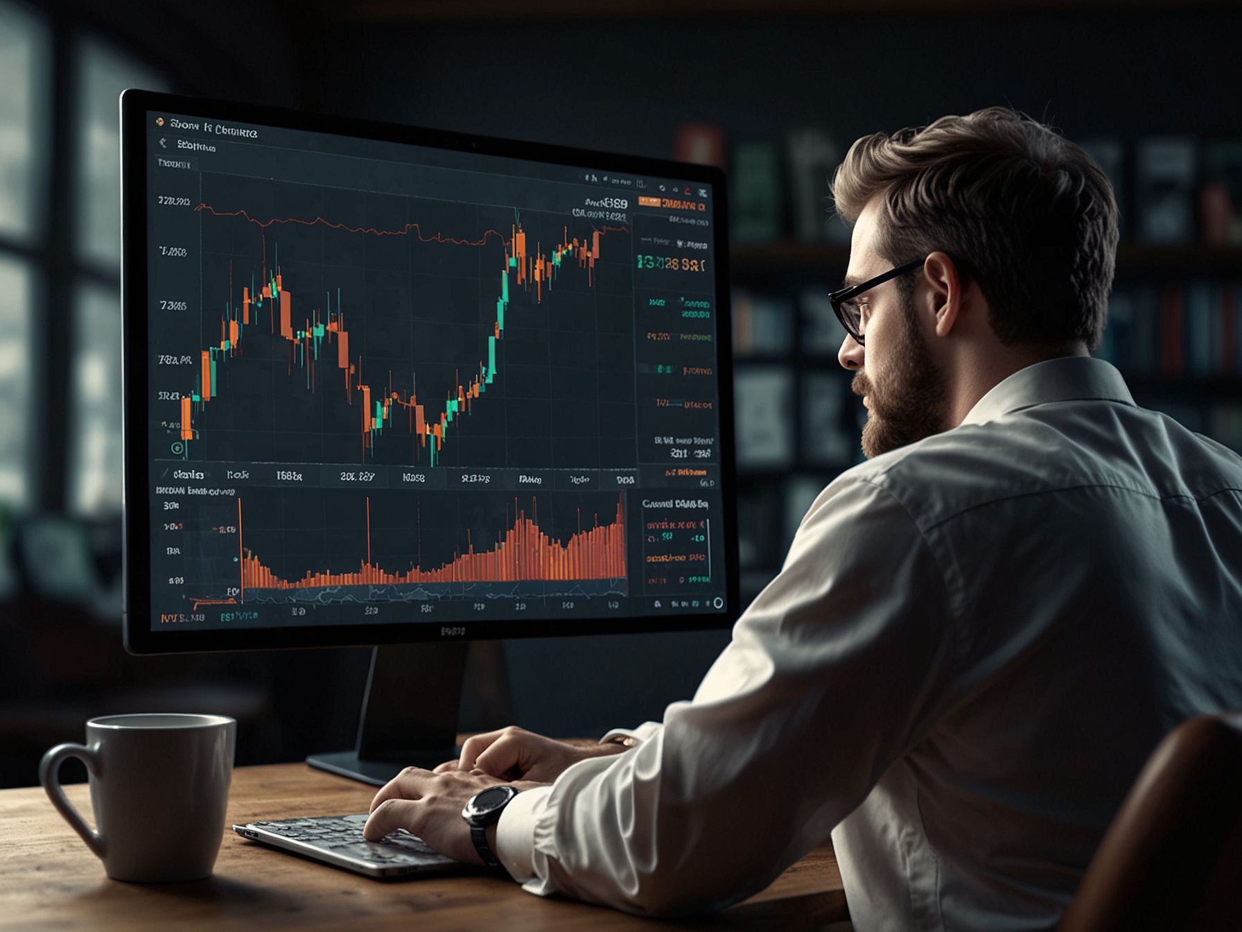 An investor looking at a fluctuating Bitcoin price chart on a laptop screen, displaying the recent drop to $92,000 amidst market trends, illustrating anxiety and uncertainty in cryptocurrency trading.