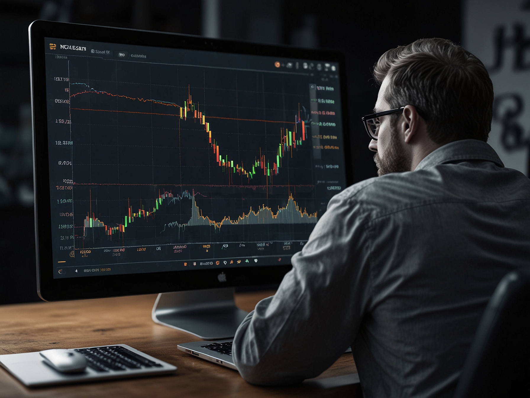 A close-up shot of a worried investor checking news on Bitcoin prices, with a digital currency background representative of the current market volatility in cryptocurrencies.