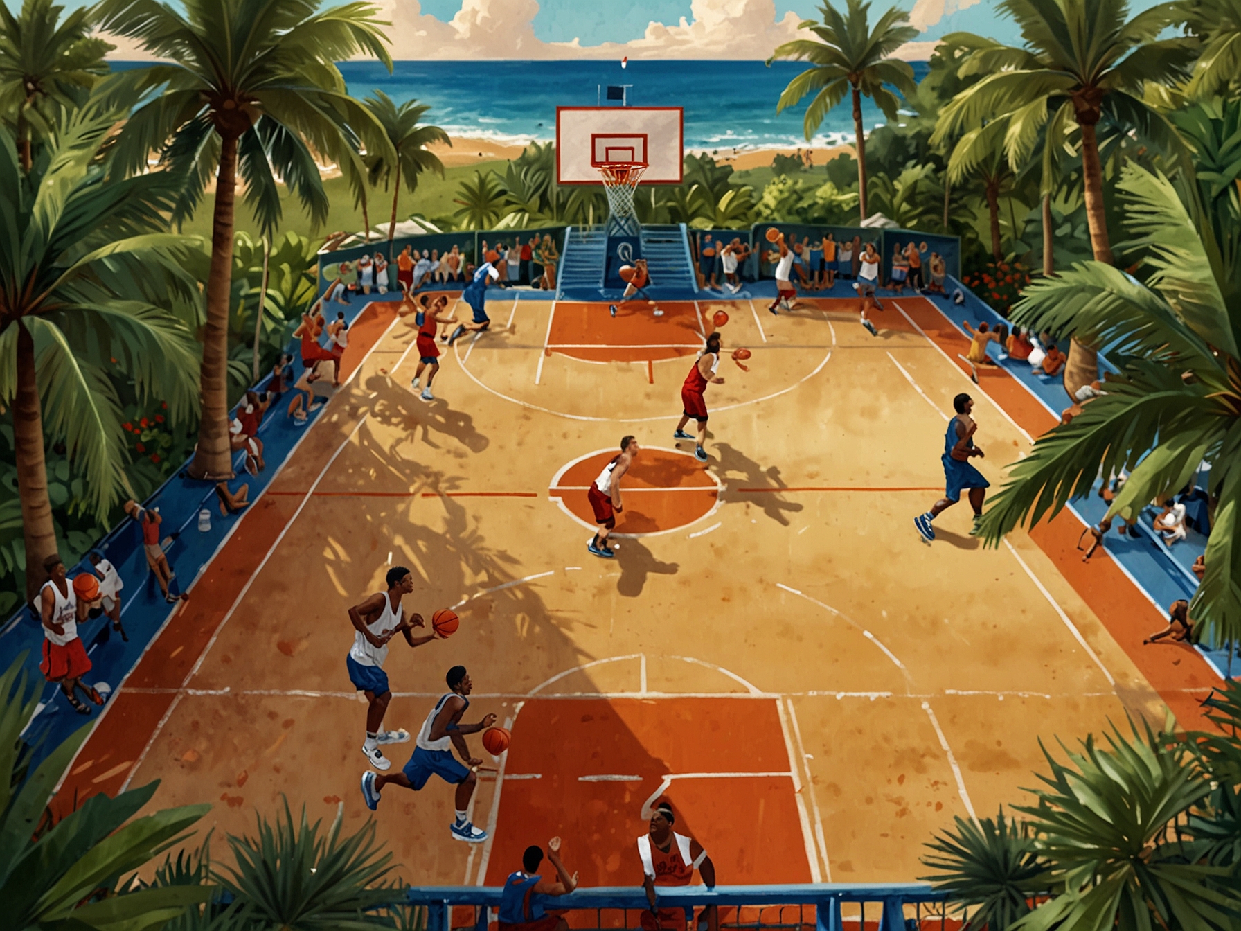 An aerial view of the Maui Invitational tournament set against a backdrop of beautiful tropical landscapes, showcasing college teams warming up on the court.