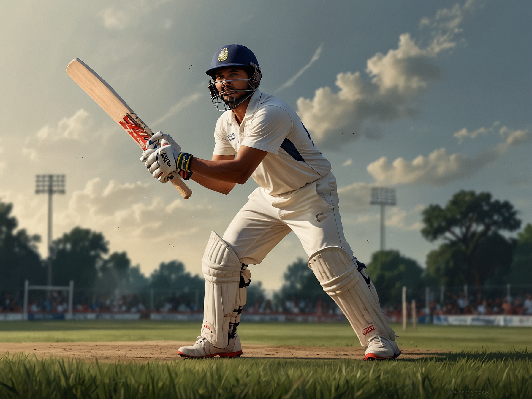 A young cricketer, Vaibhav Suryavanshi, confidently holding a cricket bat on a field, showcasing determination and potential as he prepares for the future in cricket.