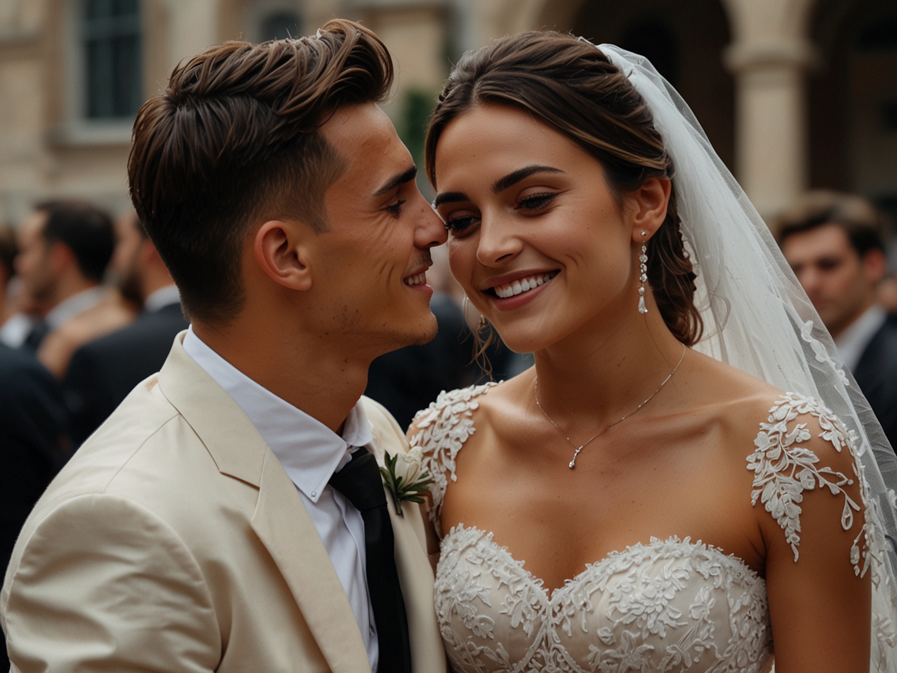 A heartfelt moment at Oriana Sabatini's wedding, capturing the joy of her union with Paulo Dybala while subtly hinting at the absence of family members, evoking emotions of longing and resilience.