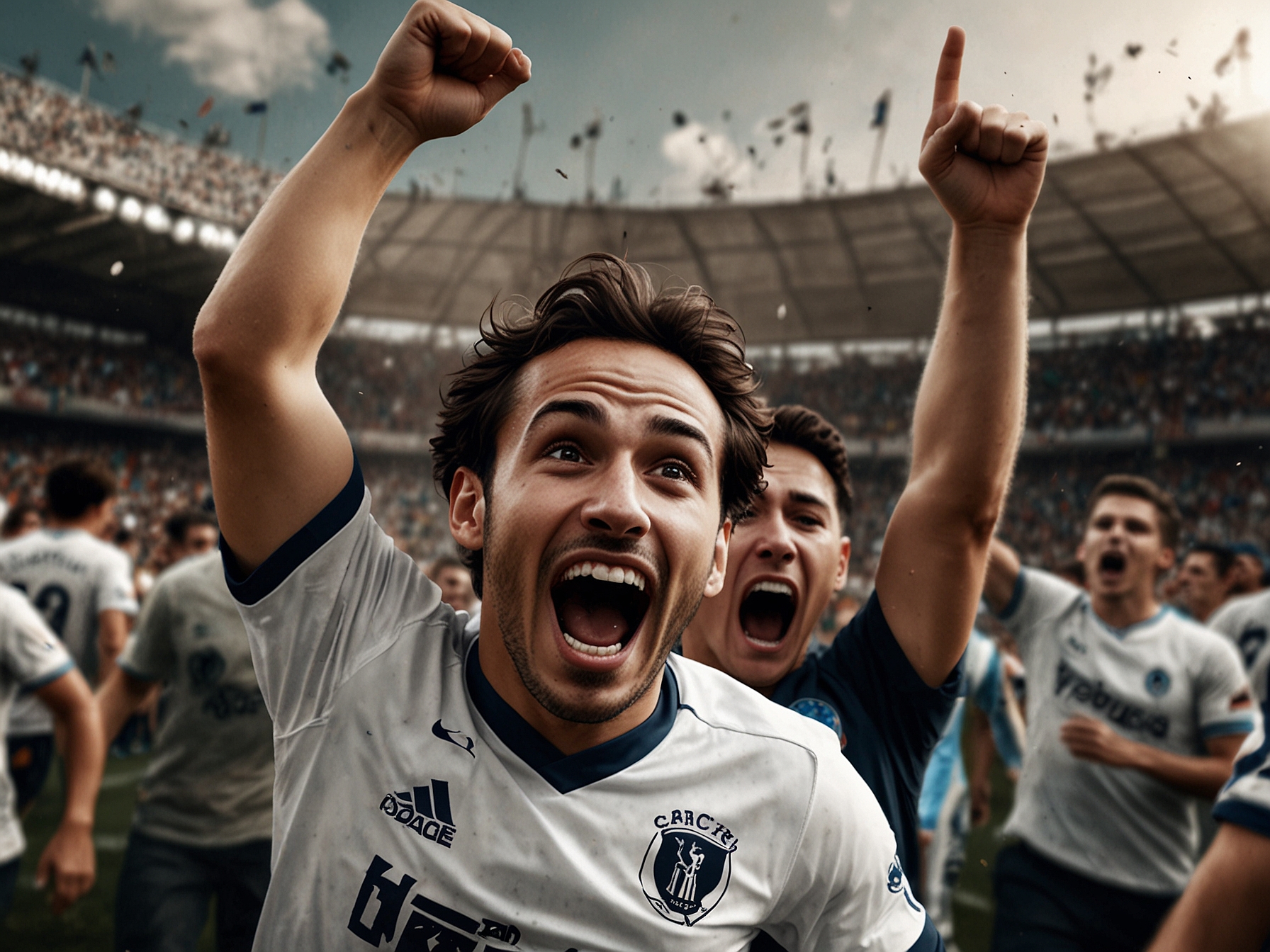 A captivating scene from the Madre de Ciudades stadium, illustrating the emotional moment when Lucas Martínez Dupuy scores the winning goal, with fans erupting in joy.