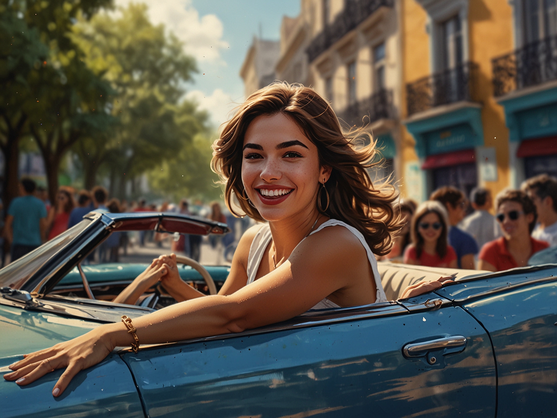 Lali Espósito confidently rides in a convertible through the vibrant streets of Buenos Aires, surrounded by fans and her team, radiating excitement and positivity.
