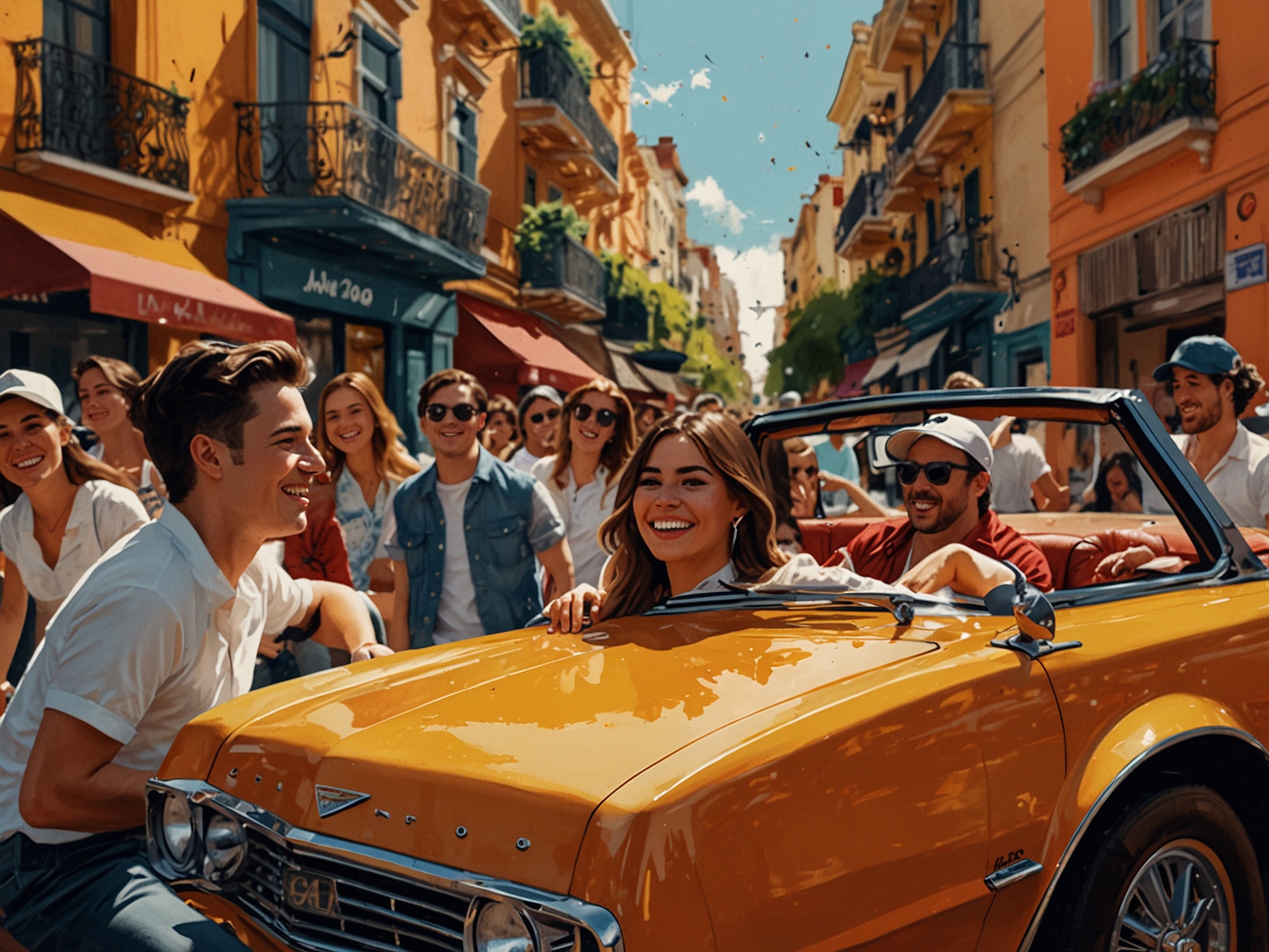 The lively atmosphere of the city complements Lali's striking blue makeup and casual white t-shirt, creating a relatable yet larger-than-life scene that charms her followers.