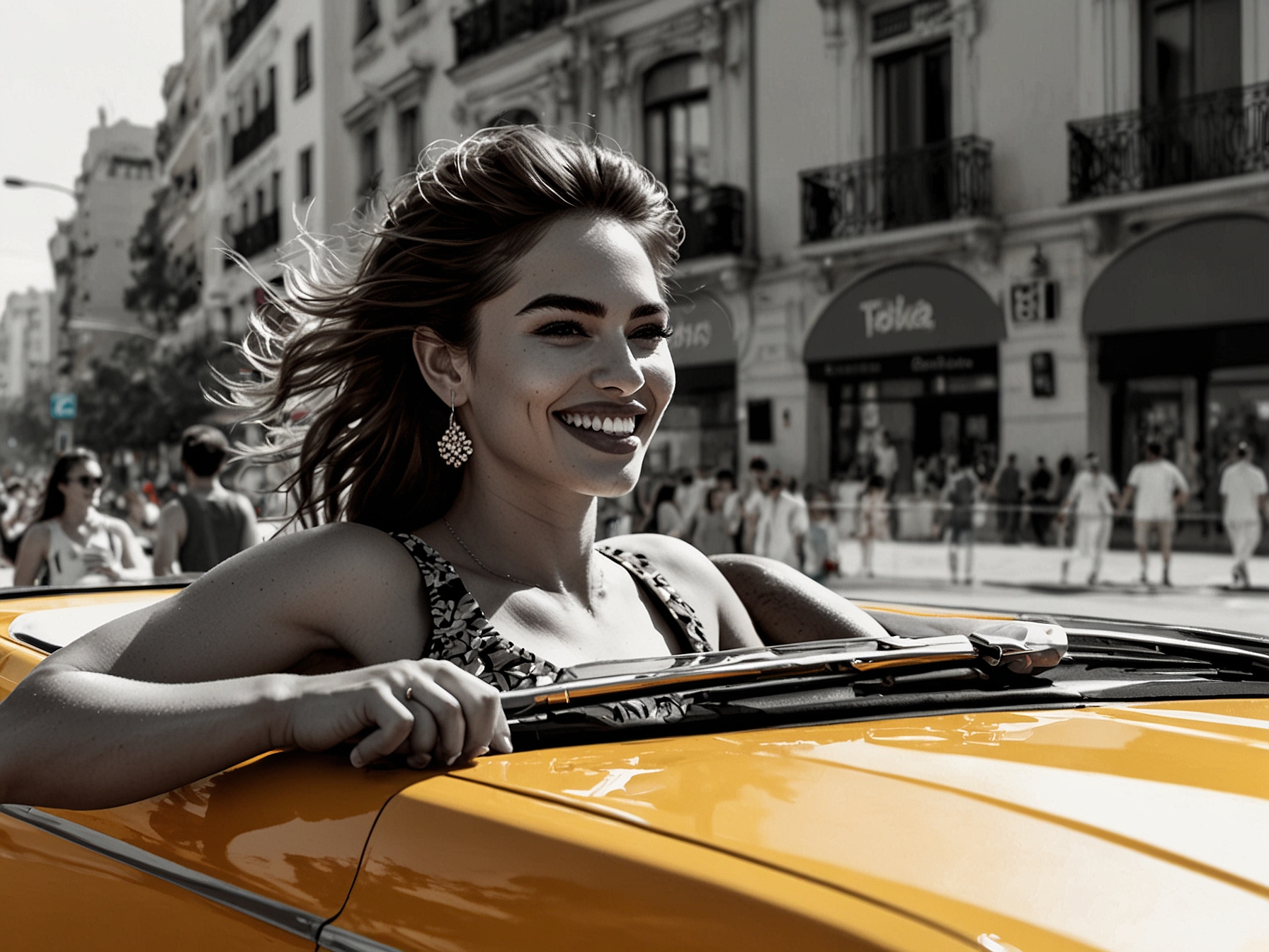 Fans gather on the streets, capturing the moment on their smartphones, as Lali waves and smiles from the backseat of the convertible, embodying the connection between celebrity and public.