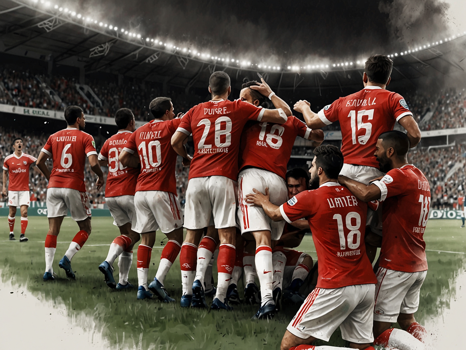 An intense moment from the match showing Barracas Central celebrating their surprising goal scored by Manuel Duarte, while Argentinos Juniors players exhibit frustration after missing a scoring chance.