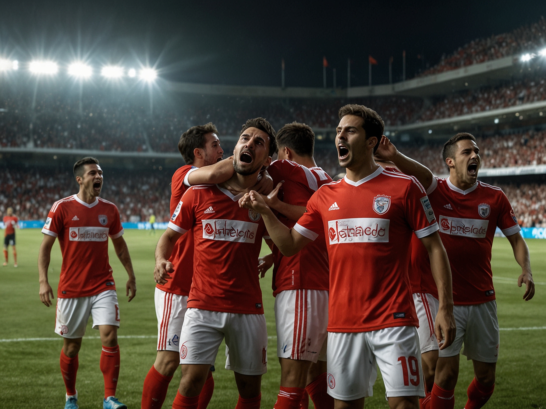 Barracas Central players cheering together after their unexpected win, highlighting the emotional impact of the match on the team and its fans.