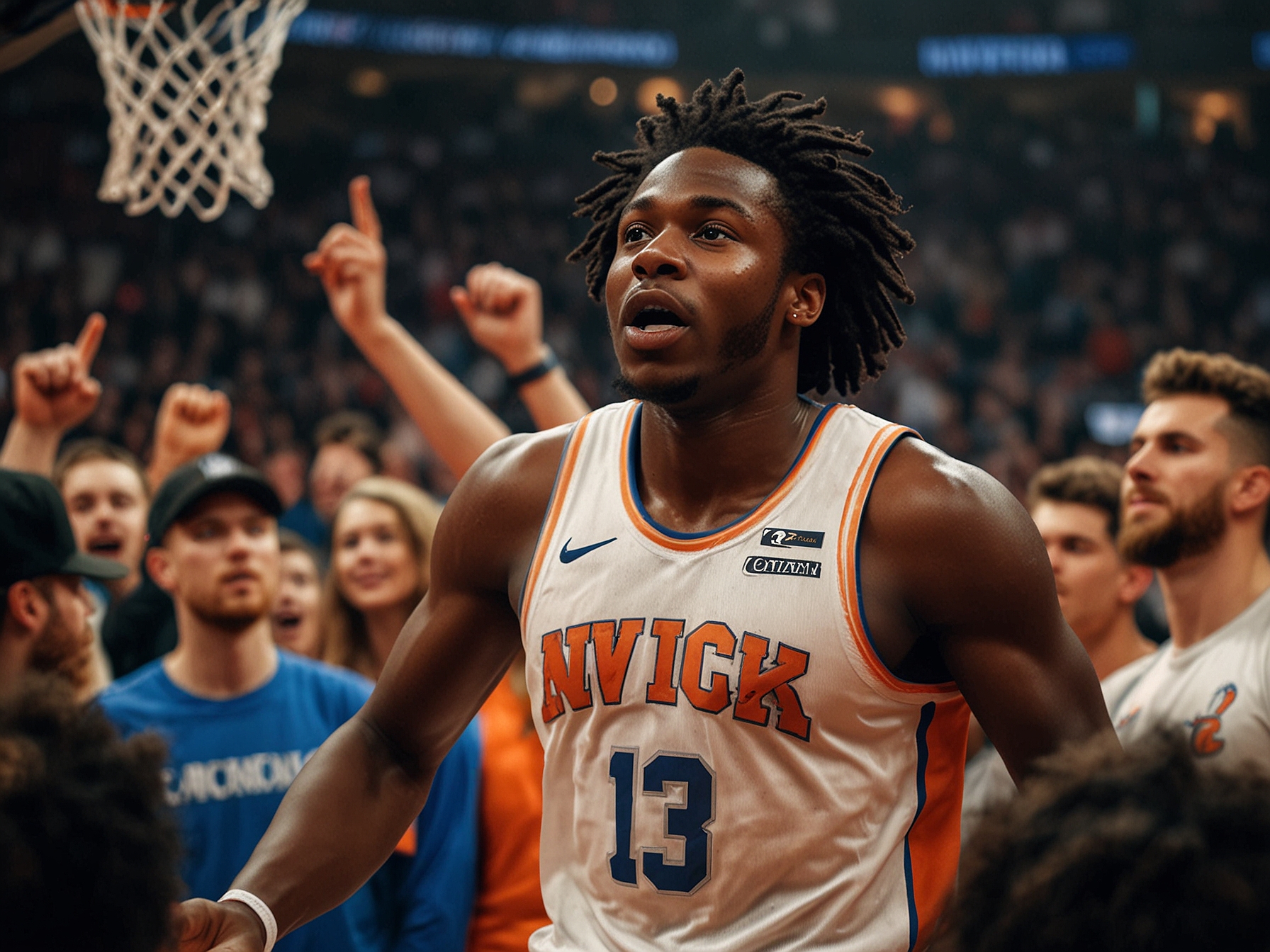 O.G. Anunoby dominates on the court, celebrating after scoring a basket amidst cheering fans during the Knicks' game against the Nuggets.