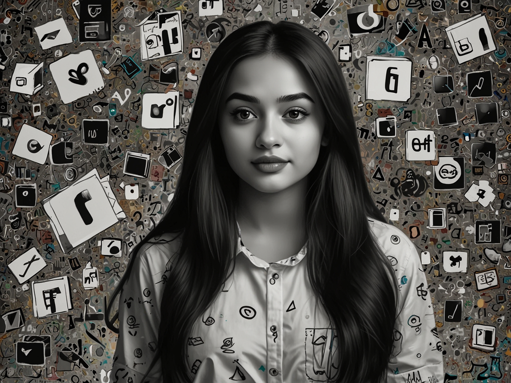 An illustration of Imsha Rehman surrounded by swirling social media icons representing platforms like TikTok and Instagram, reflecting the chaos of a privacy breach.