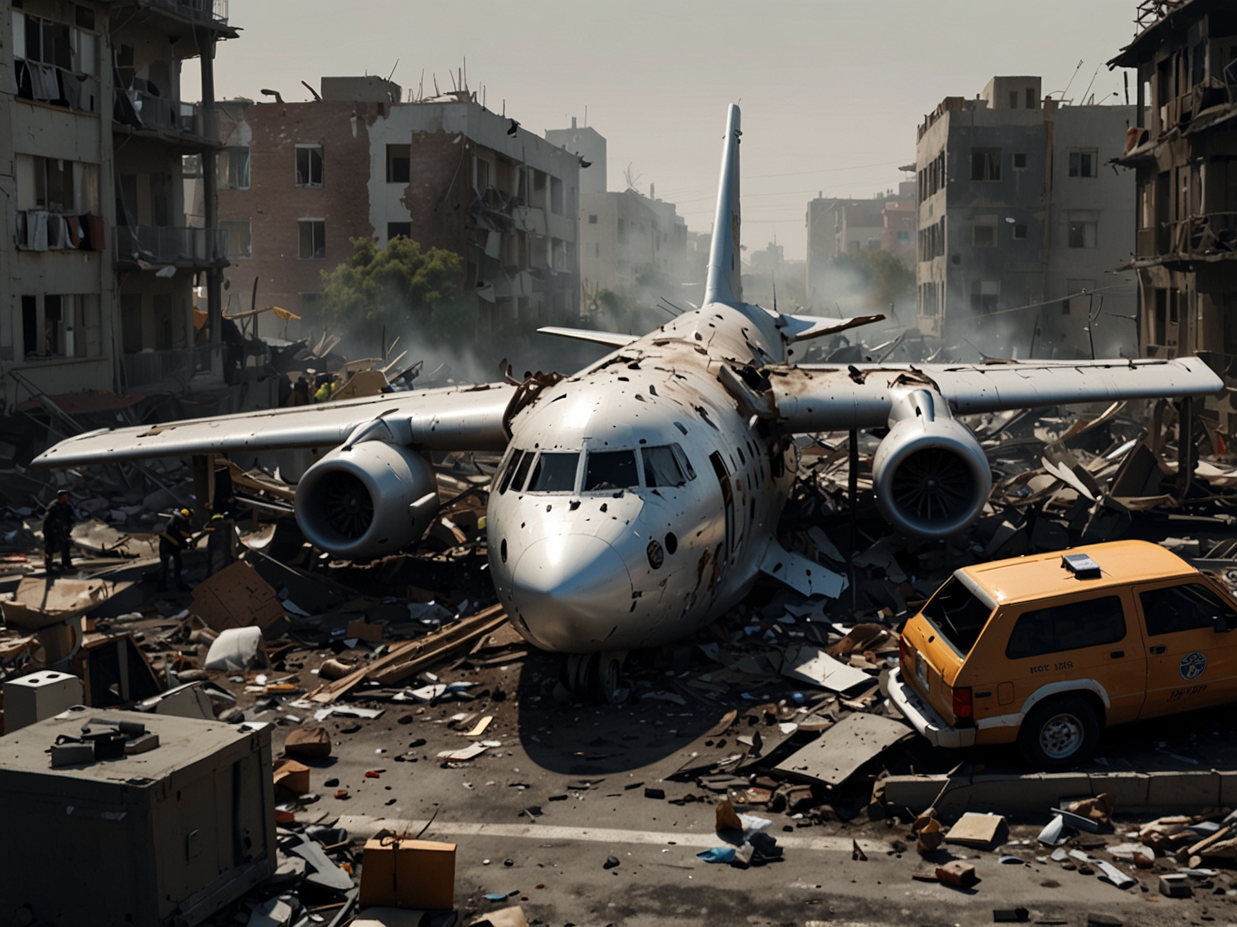A somber view of the wreckage of a crashed cargo plane, surrounded by emergency responders and debris in a residential area, highlighting the aftermath of the tragedy.