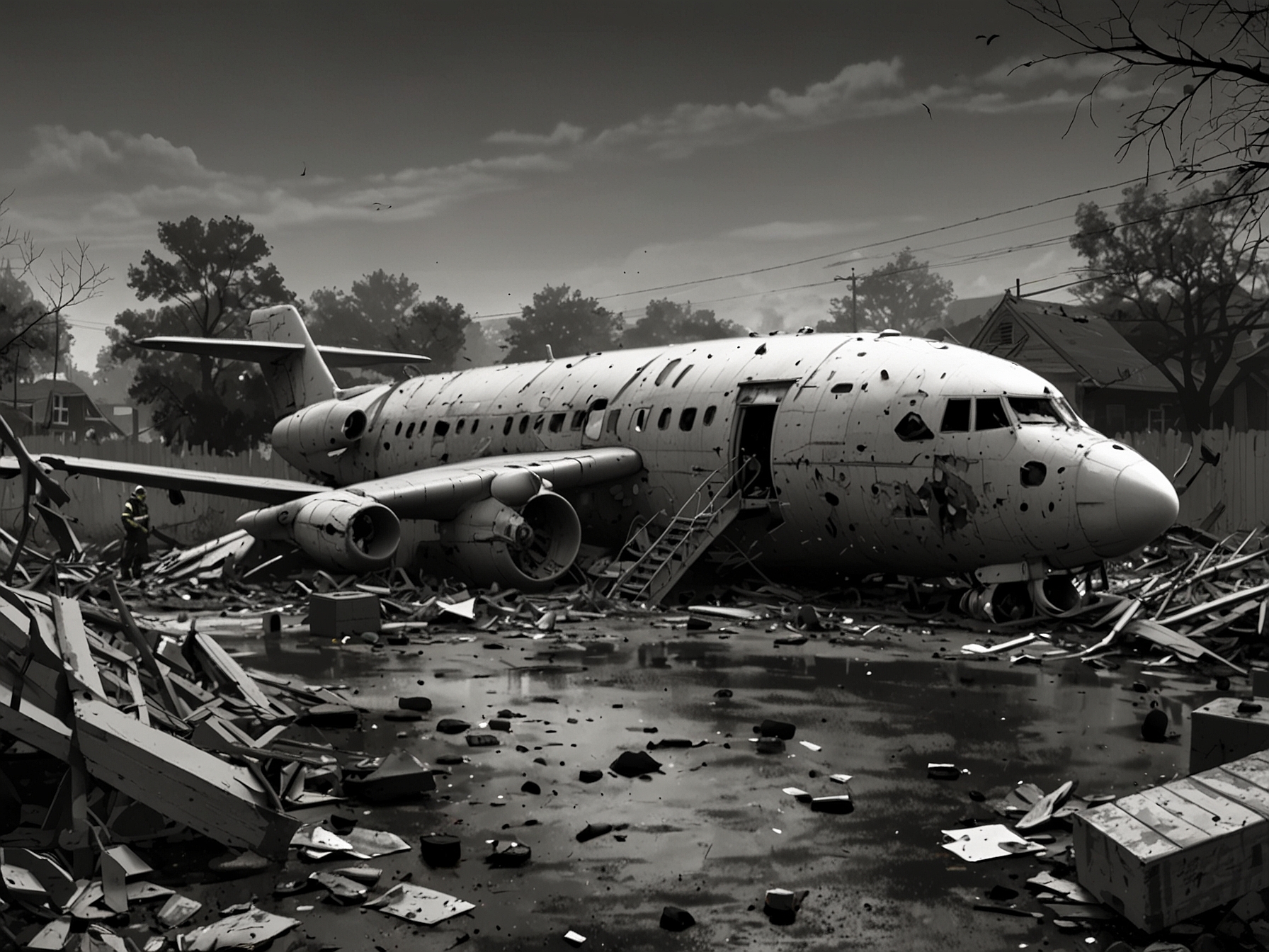 The site of a cargo plane crash near Vilnius Airport, showcasing the damaged house and emergency crews working meticulously at dawn, reflecting the urgency of the situation.