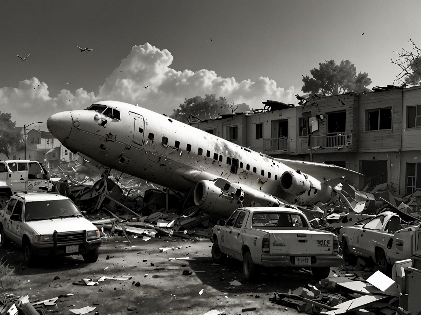 A chilling image capturing the moment of the cargo plane descent, with a fireball erupting against the morning sky, symbolizing the chaos of the crash incident.