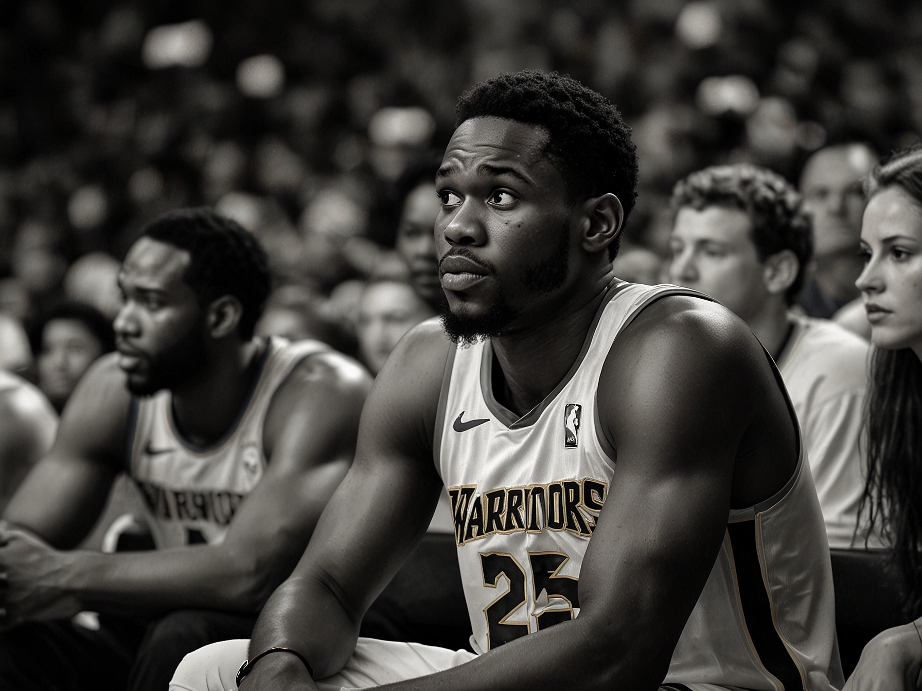 An intense moment during an NBA game showing Jonathan Kuminga on the bench looking focused while teammates play, highlighting his current situation with the Warriors.