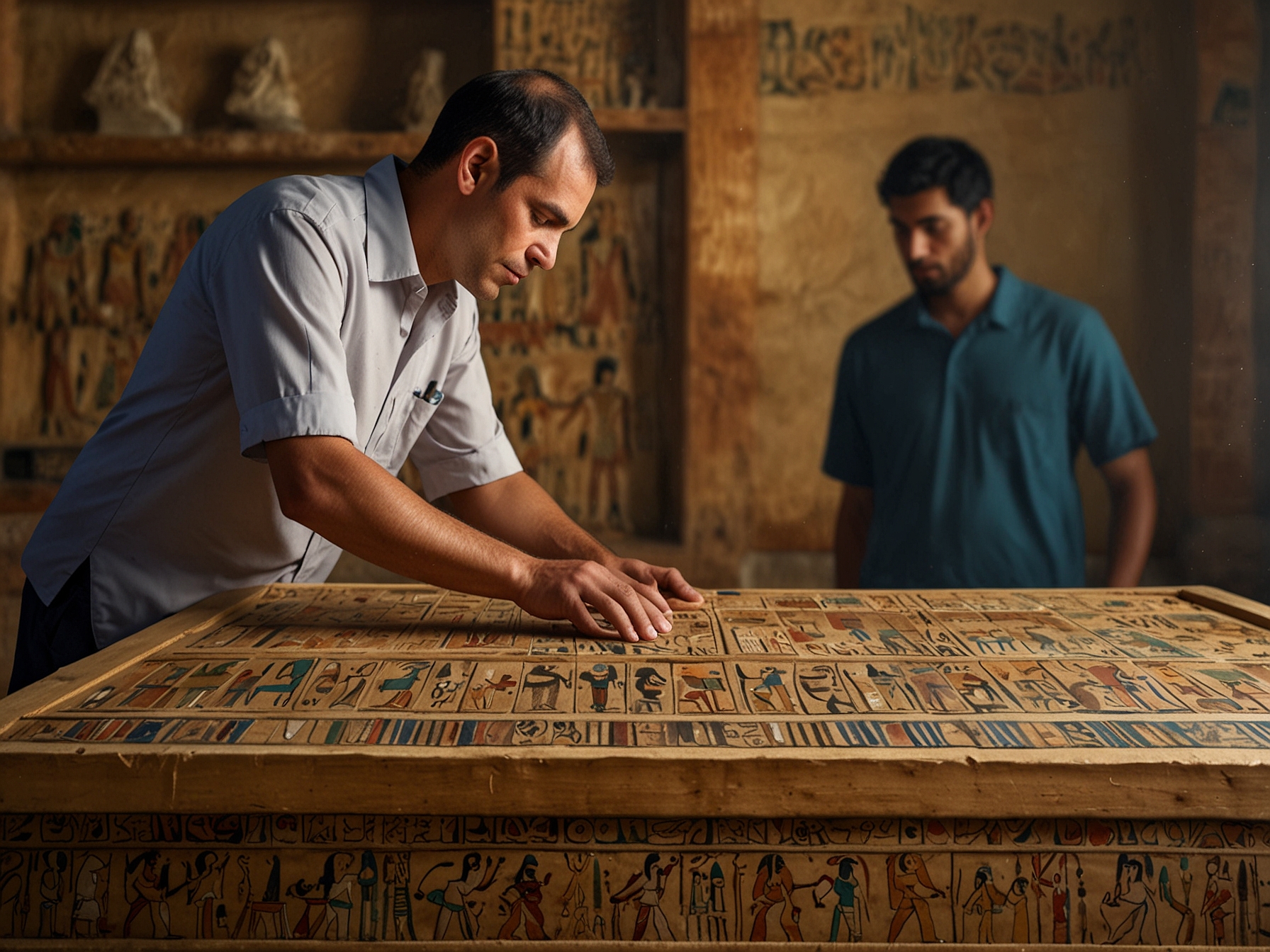 An archaeologist examines one of the beautifully preserved ancient Egyptian coffins discovered in Saqqara, showcasing intricate designs and vibrant colors that have survived for over two millennia.