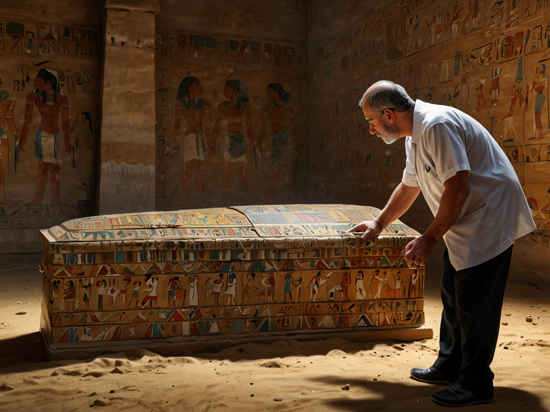 A close-up shot of an ancient Egyptian coffin adorned with detailed hieroglyphics and ornate patterns, reflecting the rich cultural heritage and craftsmanship of the civilization.
