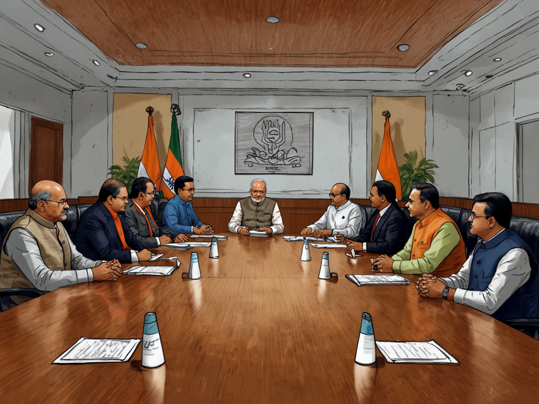 An image depicting a tense meeting room with BJP leaders discussing over a table, highlighting the intense political atmosphere surrounding the Chief Minister selection in Maharashtra.