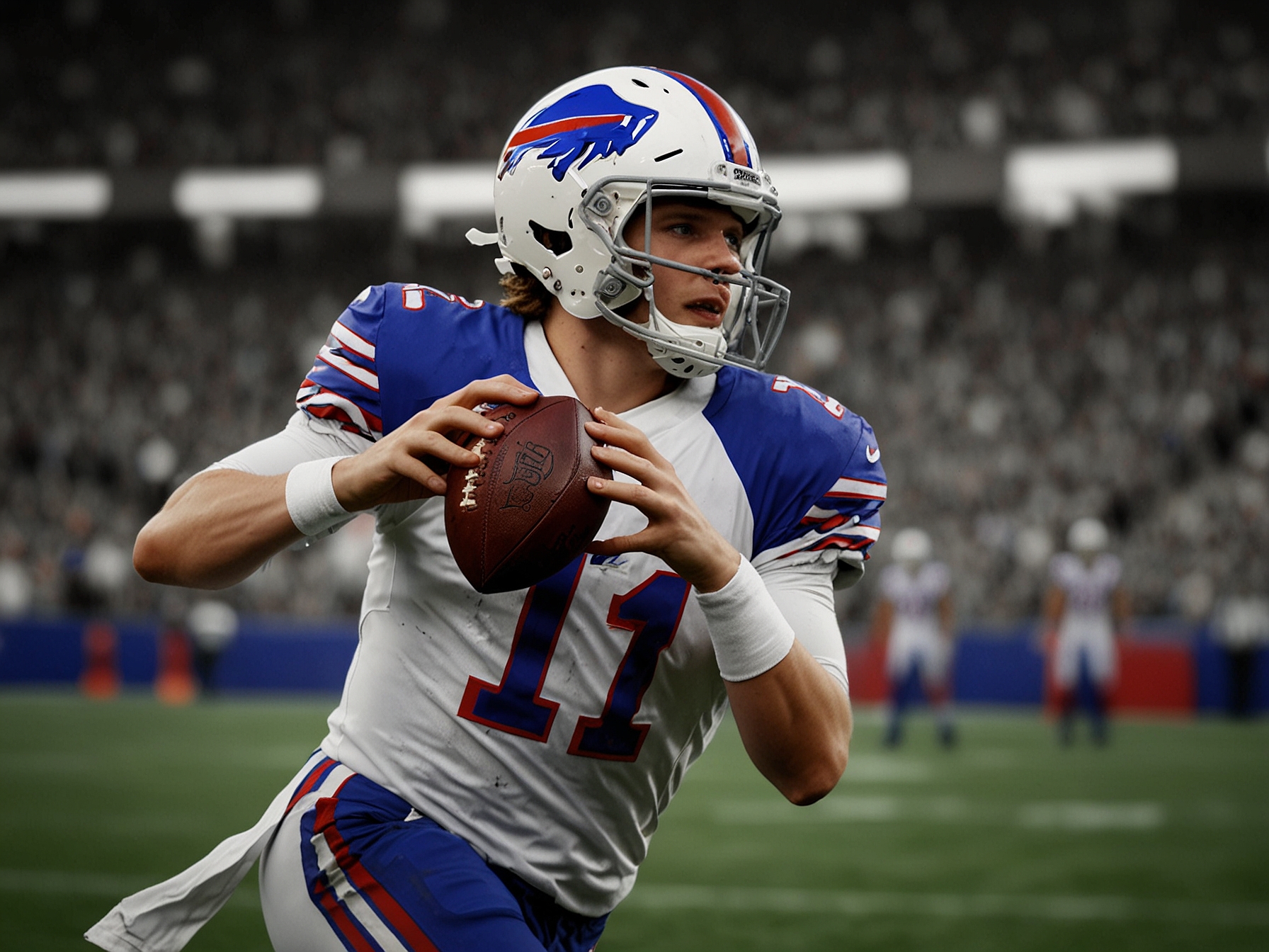 A dynamic image of Josh Allen in his Buffalo Bills uniform, showcasing him in action on the field, exemplifying leadership and sportsmanship during a game.